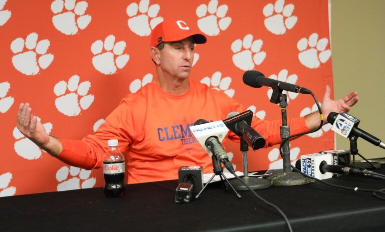 Clemson head coach Dabo Swinney speaks after the Tigers’ 28-14 win over the Gamecocks at Williams-Brice Stadium in Columbia, S.C. Saturday, November 29, 2025.