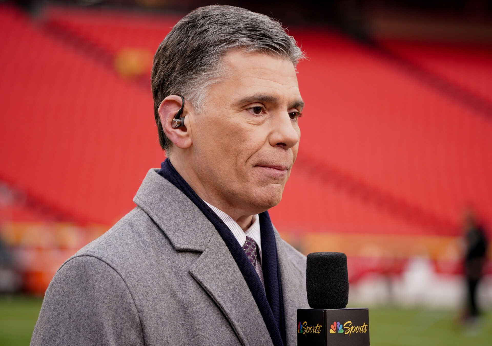 CBS Sports sideline announcer Mike Florio on field prior to an AFC divisional round game between the Kansas City Chiefs and Jacksonville Jaguars at GEHA Field at Arrowhead Stadium.