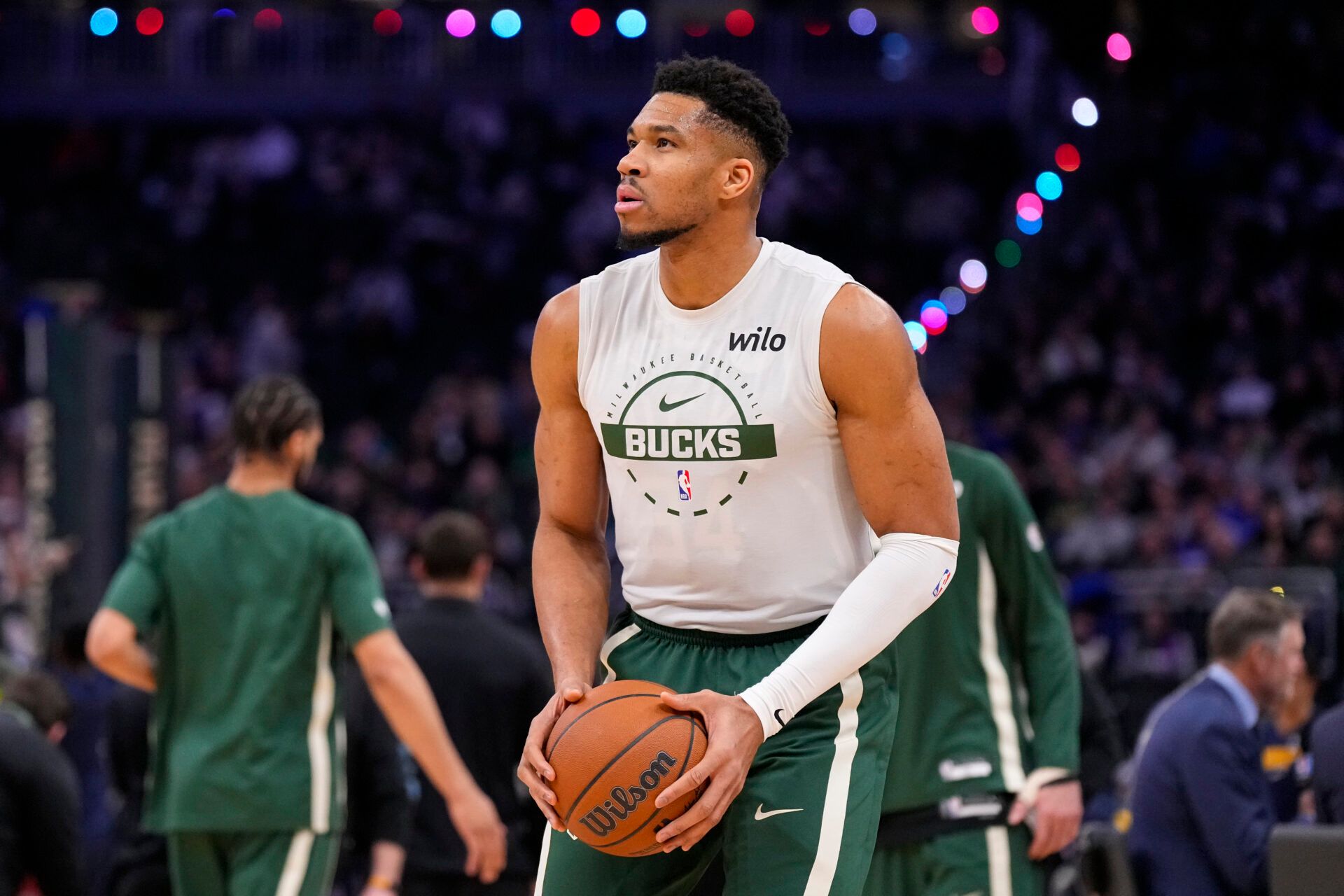 Milwaukee Bucks forward Giannis Antetokounmpo (34) during warmups prior to the game against the Denver Nuggets at Fiserv Forum.