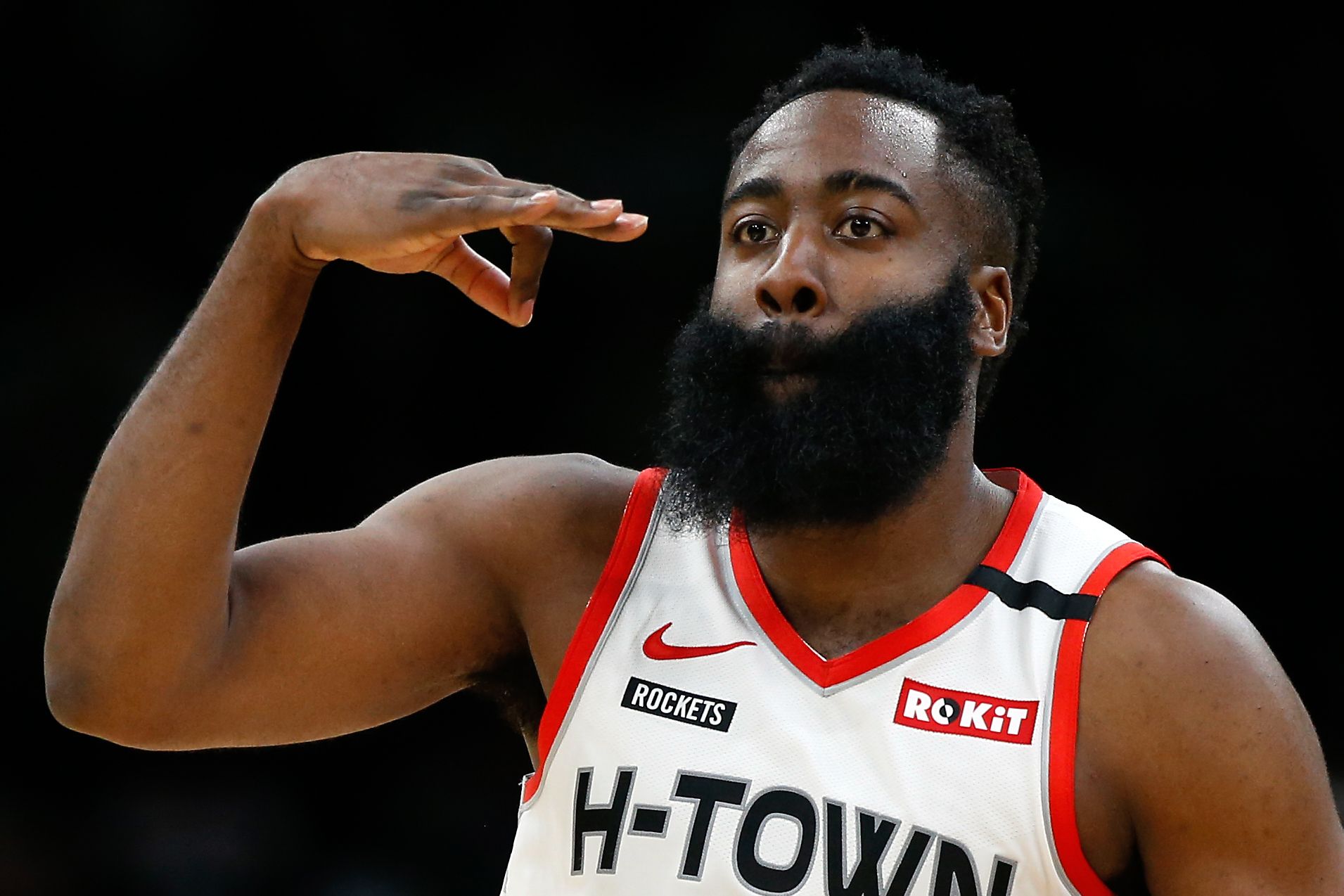 Houston Rockets guard James Harden (13) celebrates a three point basket during the first half against the Boston Celtics quarter at TD Garden.