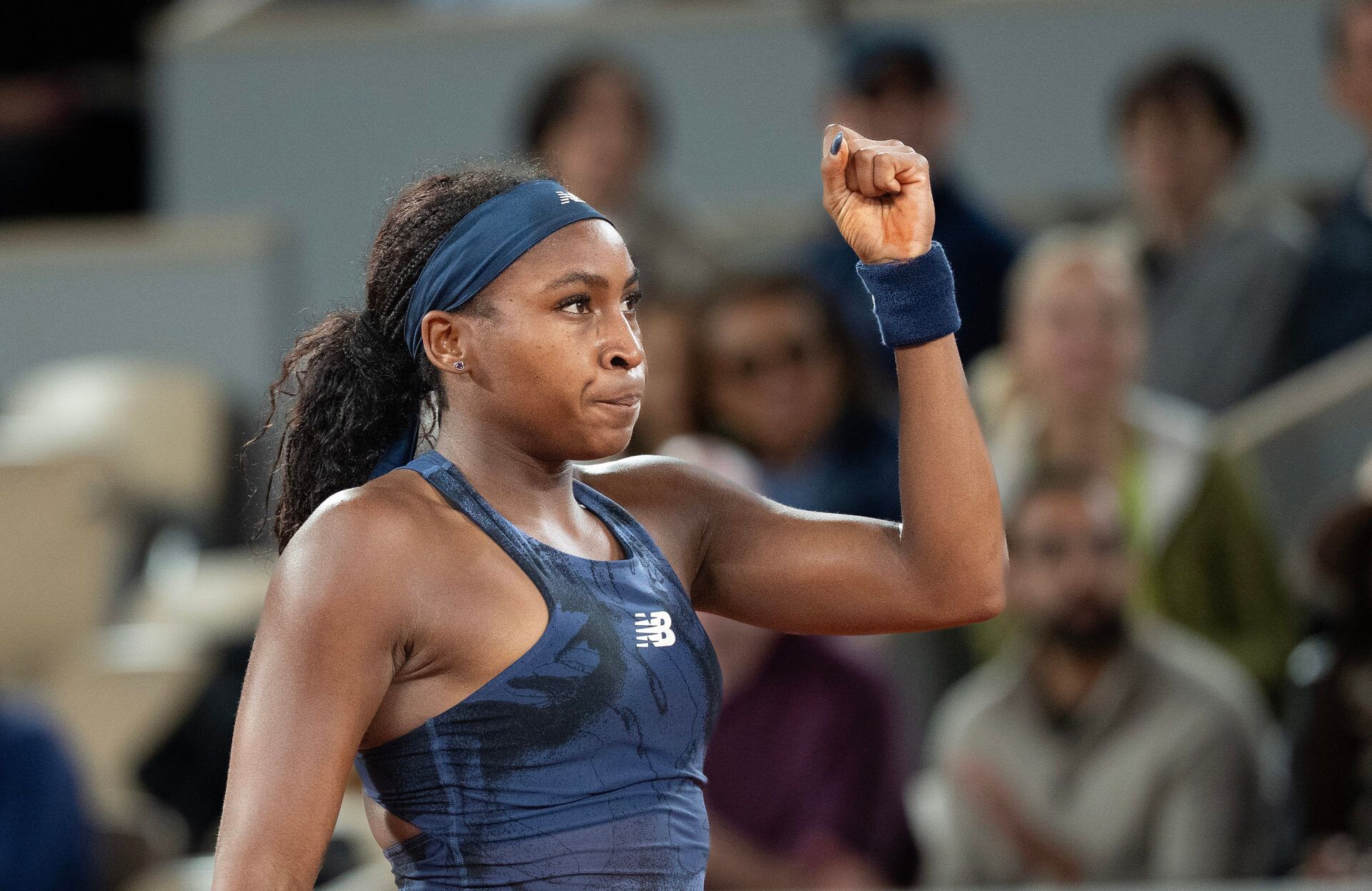 Coco Gauff of the United States reacts to a point during her match against Lois Boisson of France on day 12 at Roland Garros Stadium.
