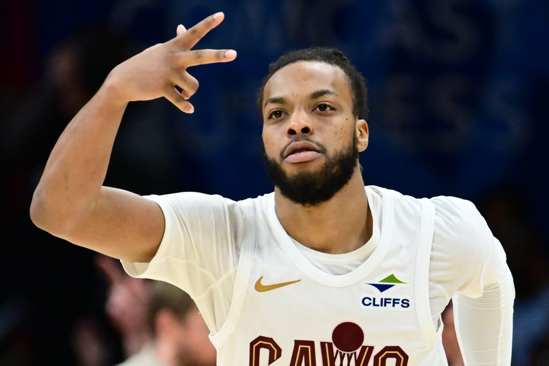 Cleveland Cavaliers guard Darius Garland (10) celebrates after hitting a three point basket against the Minnesota Timberwolves during the second half at Rocket Arena.