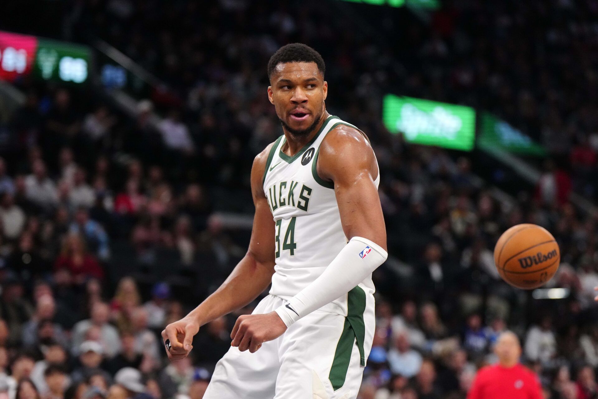 Milwaukee Bucks forward Giannis Antetokounmpo (34) celebrates against the LA Clippers in the second half at Intuit Dome.