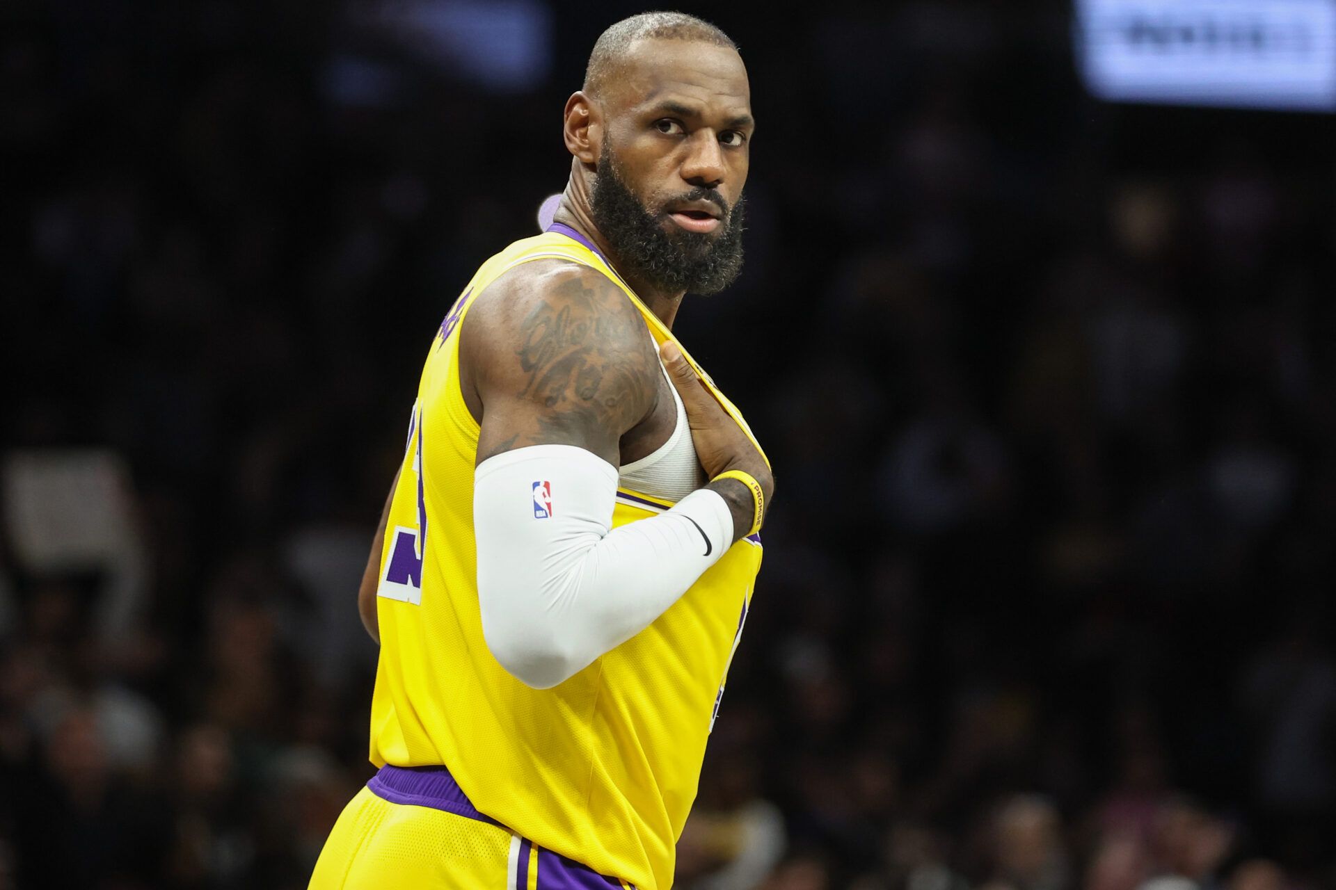 Los Angeles Lakers forward LeBron James (23) checks back into the game in the first quarter against the Brooklyn Nets at Barclays Center.