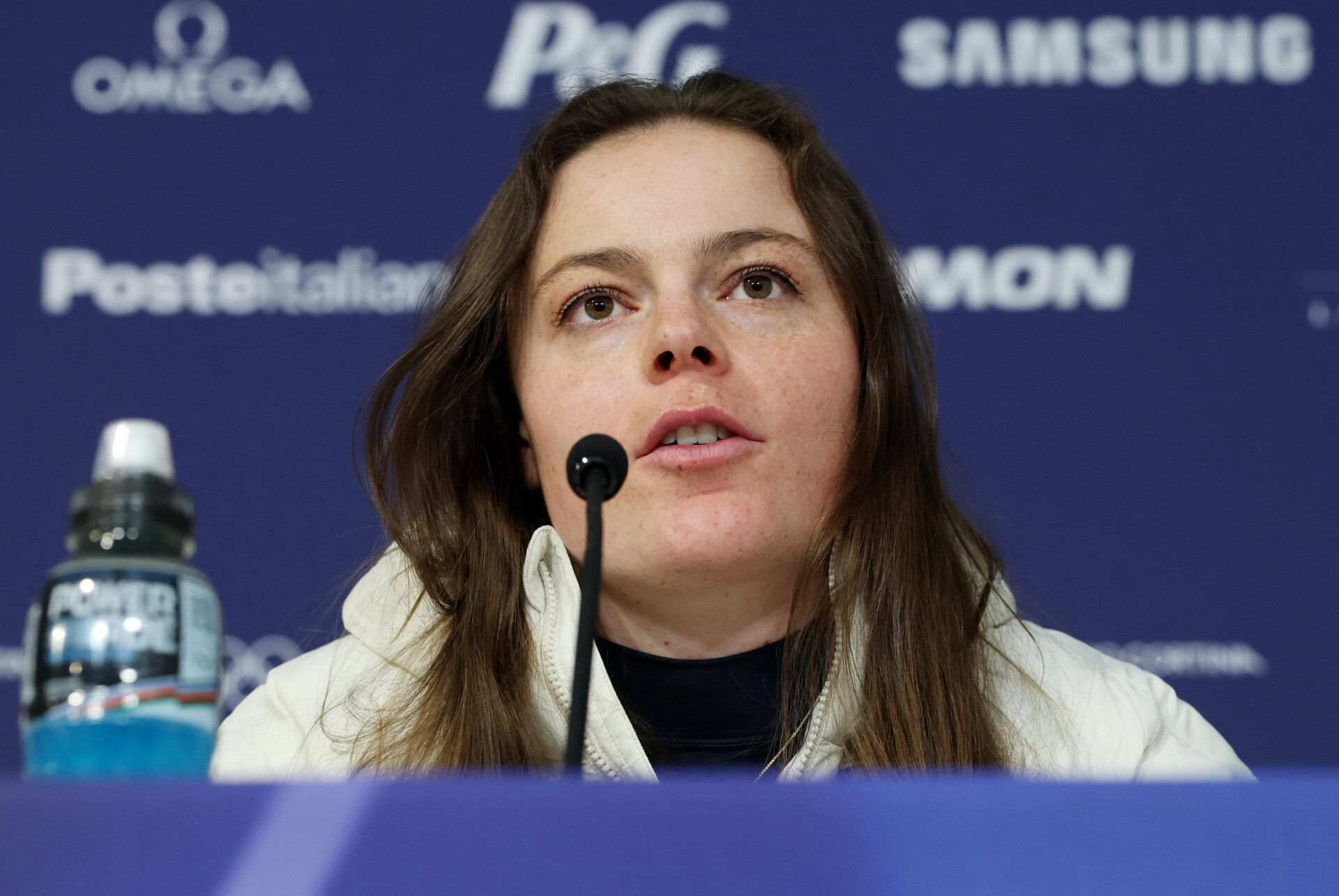 [US, Mexico & Canada customers only] Feb 3, 2026; Cortina d'Ampezzo, ITALY;  Breezy Johnson at a press conference at the Cortina Curling Olympic Stadium in preparation for the Milano Cortina 2026 Olympic Winter Games.