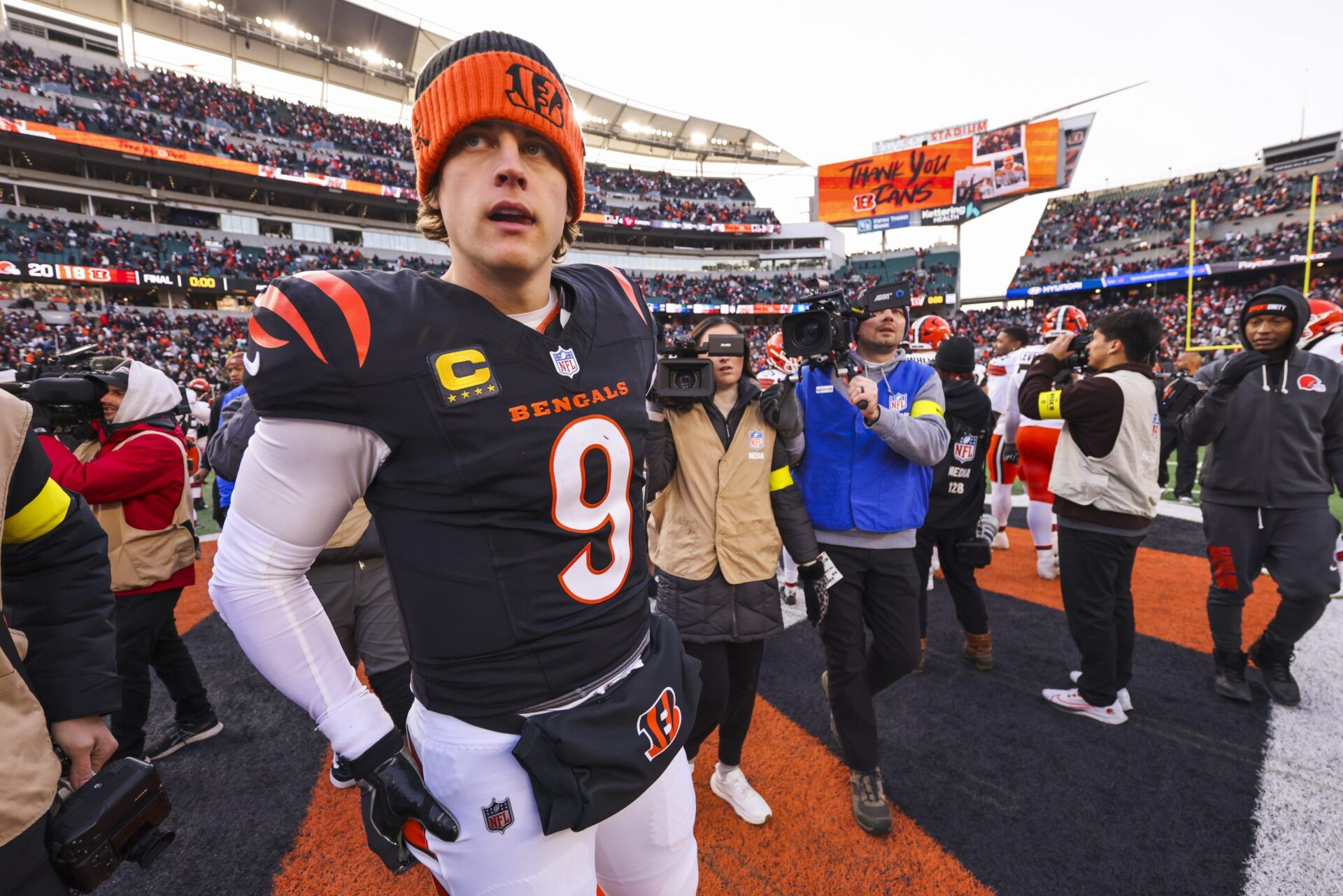 Cincinnati Bengals quarterback Joe Burrow (9) walks to the locker room following a loss against the Cleveland Browns at Paycor Stadium.