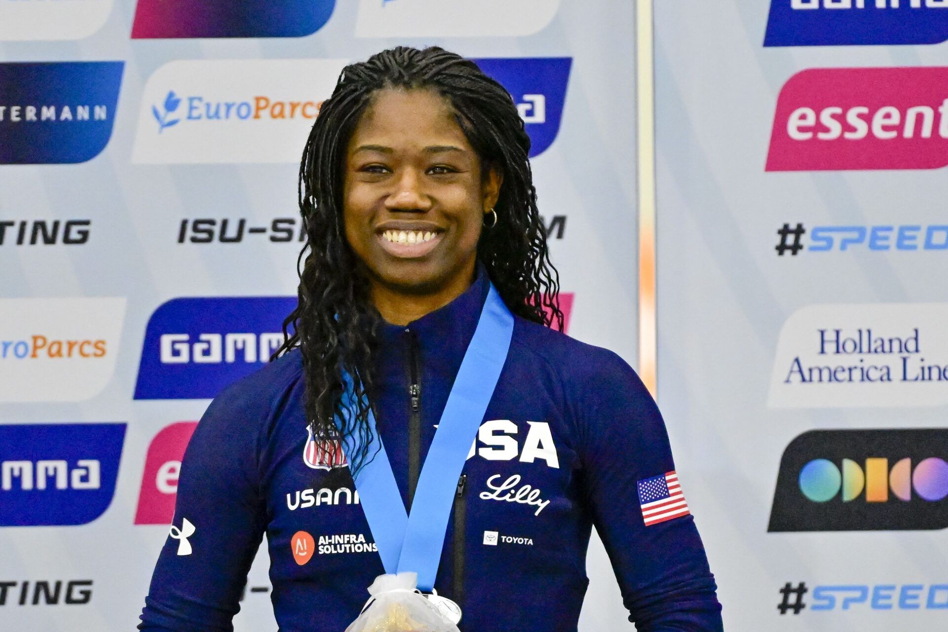Erin Jackson of USA receives the silver medal in the women’s 500m during the ISU Speedskating World Cup at Utah Olympic Oval.