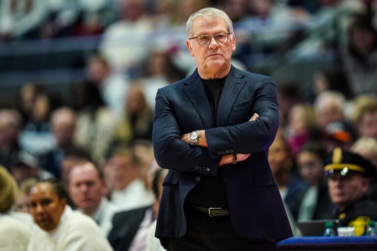 UConn Huskies head coach Geno Auriemma watches from the sideline as they take on the Tennessee Volunteers at PeoplesBank Arena.