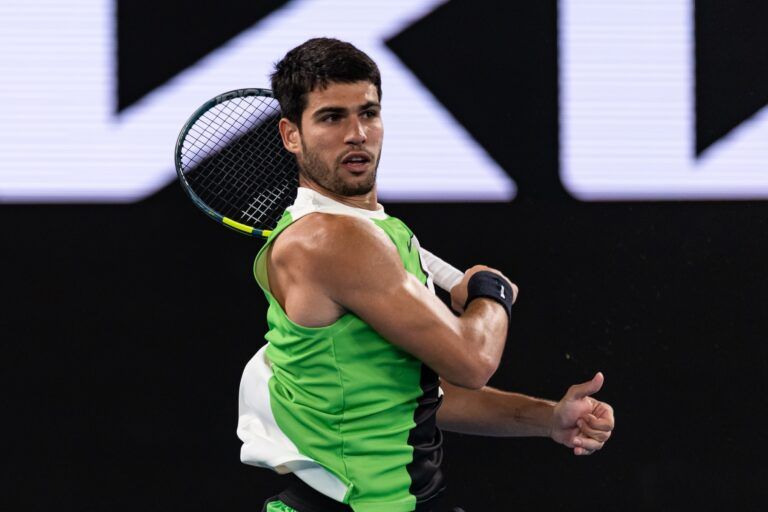 Carlos Alcaraz of Spain in action against Alex de Minaur of Australia in the quarterfinals of the men’s singles at the Australian Open at Rod Laver Arena in Melbourne Park.