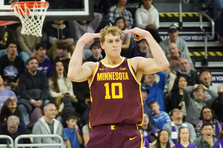 Minnesota Golden Gophers forward Cade Tyson (10) gestures after making a three-point basket against the Northwestern Wildcats during the second half at Welsh-Ryan Arena.