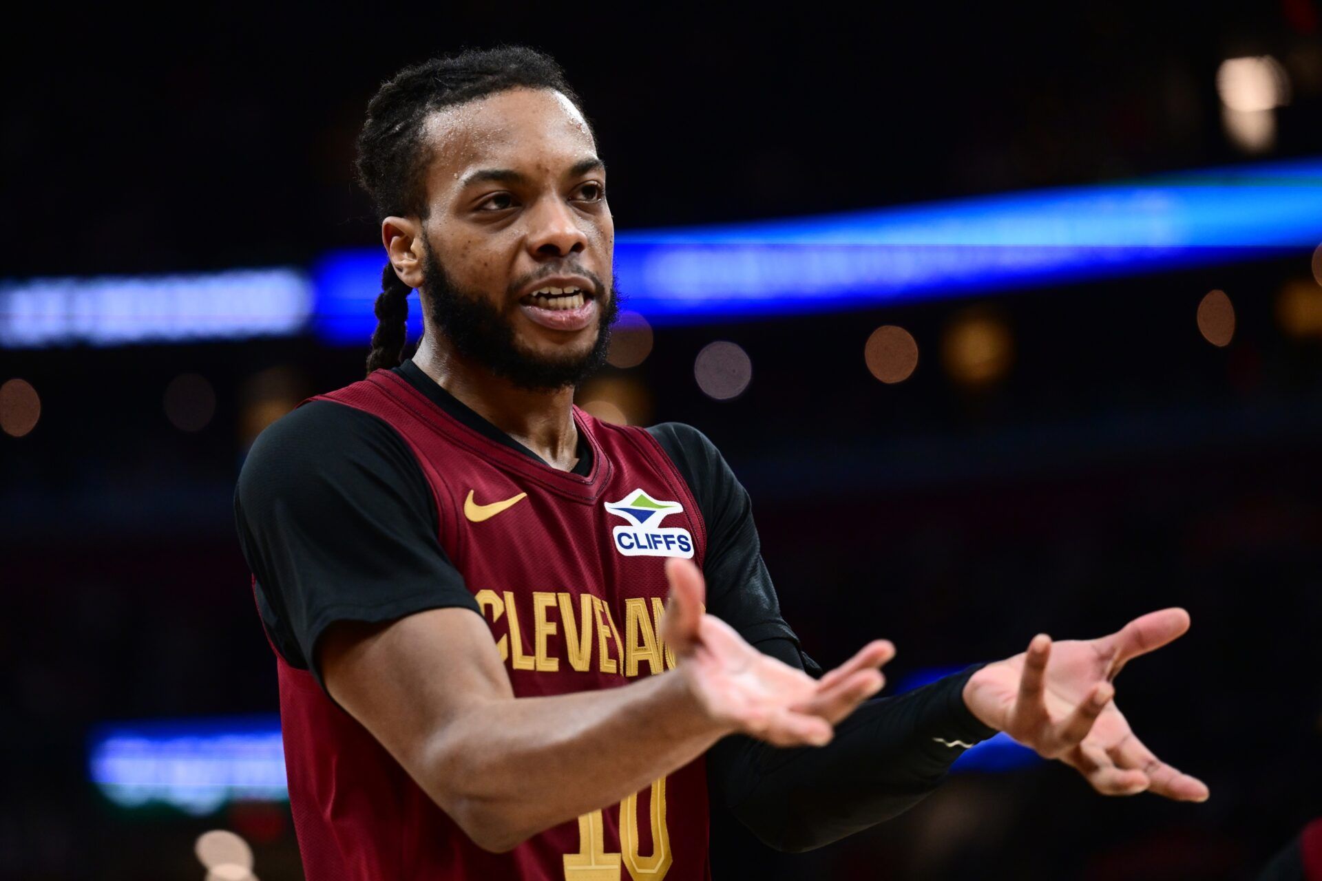 Cleveland Cavaliers guard Darius Garland (10) argues a call with referee Brent Barnaky (not pictured) during the second half against the Utah Jazz at Rocket Arena.