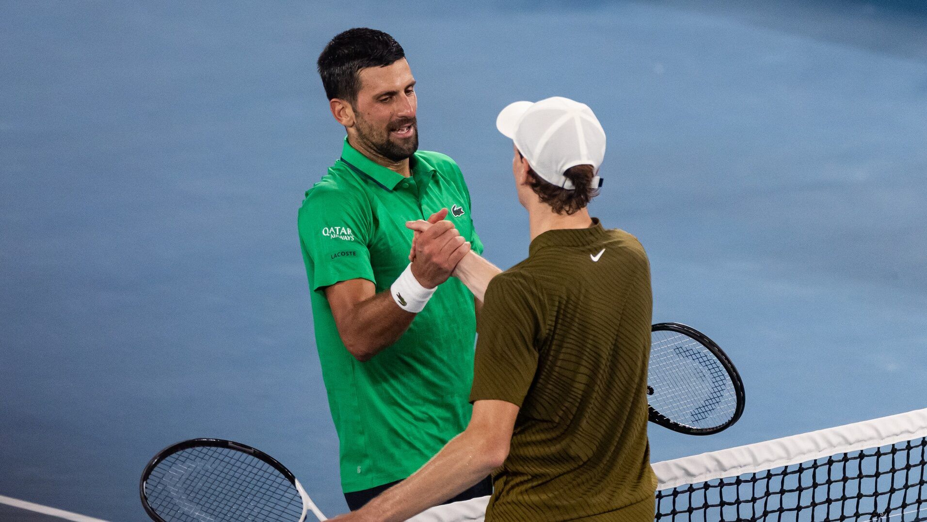 Novak Djokovic of Serbia celebrates his victory over Jannik Sinner of Italy in the semifinals of the mens singles at the Australian Open at Rod Laver Arena in Melbourne Park.