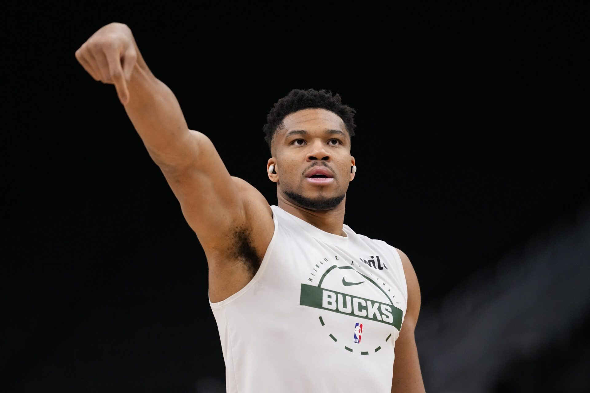 Milwaukee Bucks forward Giannis Antetokounmpo (34) during warmups prior to the game against the Denver Nuggets at Fiserv Forum.