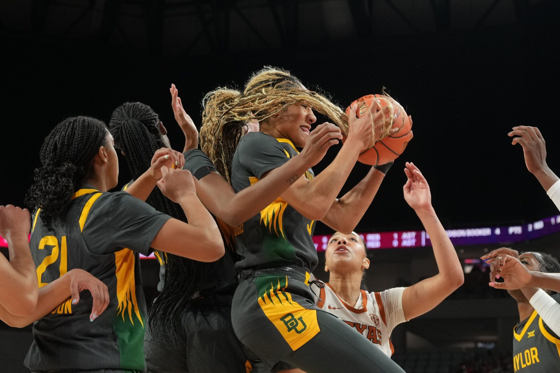 Baylor Bears forward Darianna Littlepage-Buggs (5) grabs a rebound against theTexas Longhorns during the first half at Dickies Arena.