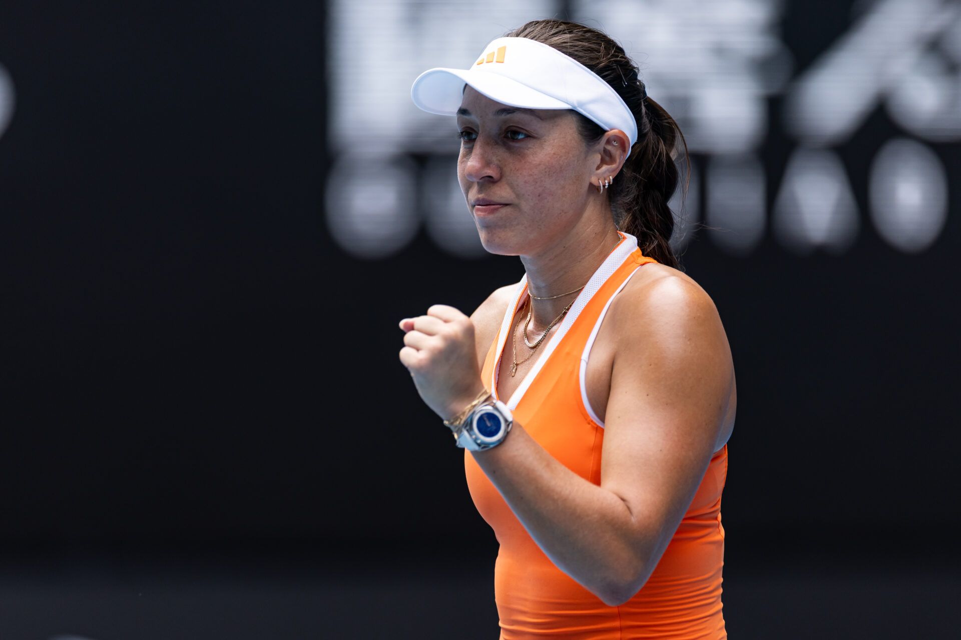 Jessica Pegula of United States celebrates her victory over Amanda Anisimova of United States in the quarterfinals of the women’s singles at the Australian Open at Rod Laver Arena in Melbourne Park.