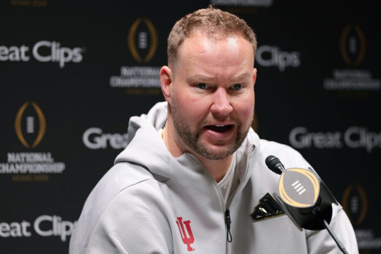 Indiana Hoosiers defensive coordinator Bryant Haines talks to the media during media day for the 2025 College Football Playoff National Championship at Miami Beach Convention Center.