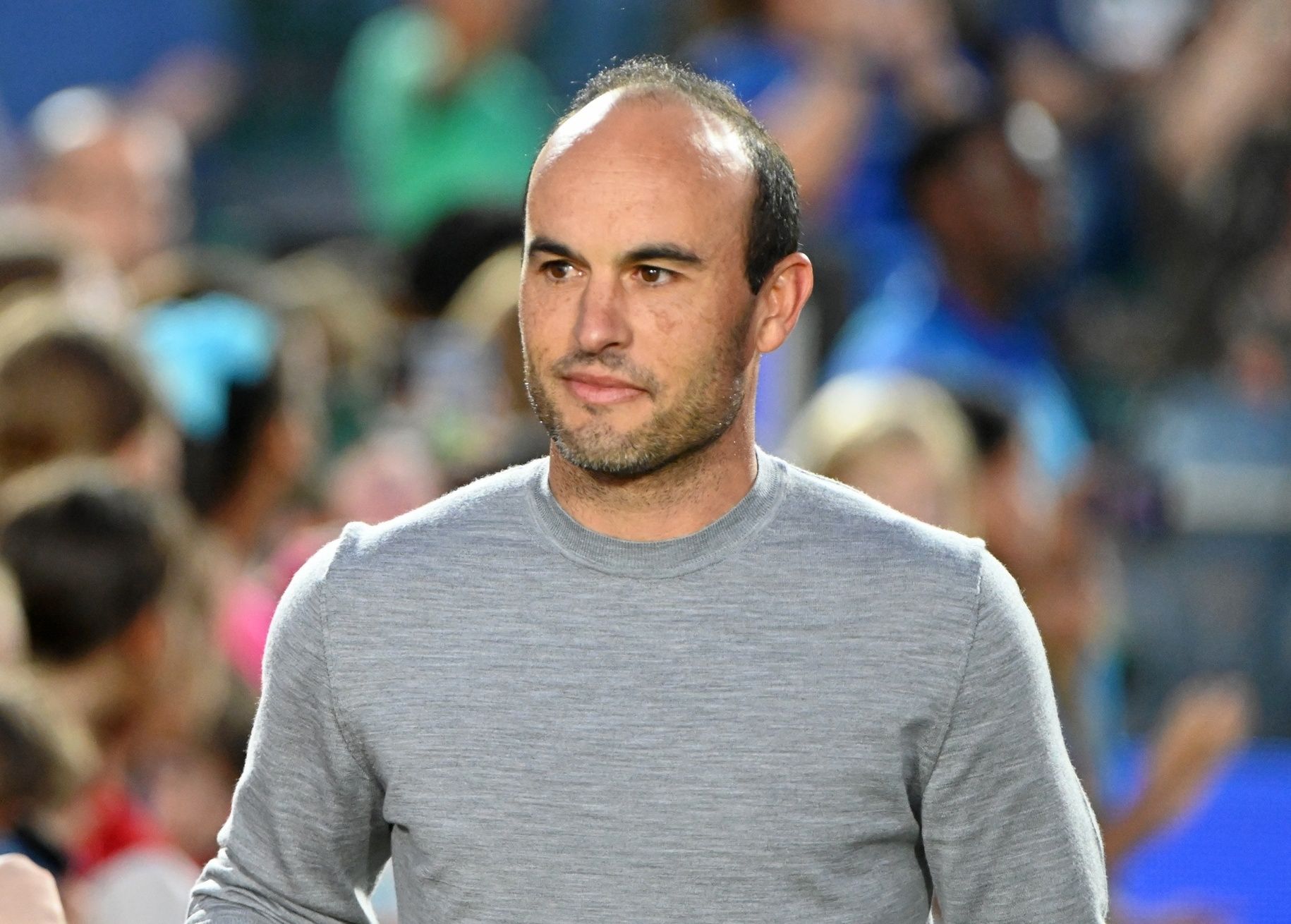 San Diego Wave FC interim head coach Landon Donovan greets fans before the game between the North Carolina Courage and San Diego Wave FC at WakeMed Soccer Park.