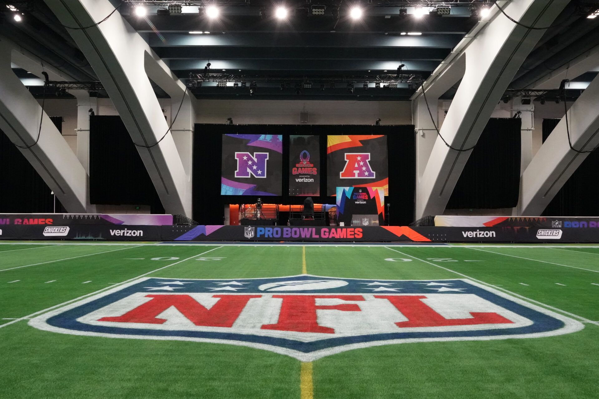 The NFL shield and Pro Bowl Games logos at the Flag Fieldhouse Moscone Center South Building.