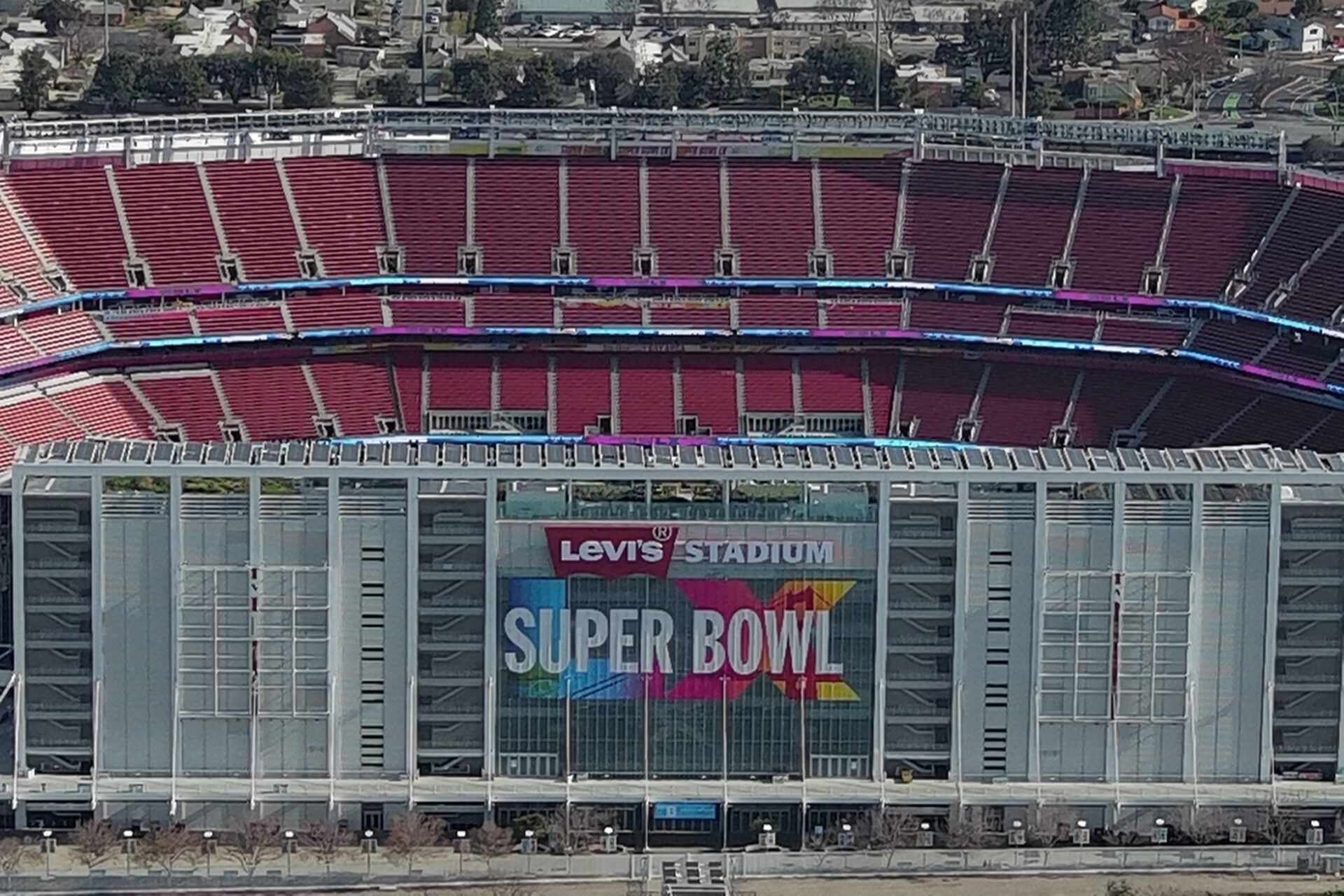 A general overall aerial view of Levi's Stadium, the site of Super Bowl 60 between the New England Patriots and the Seattle Seahawks.