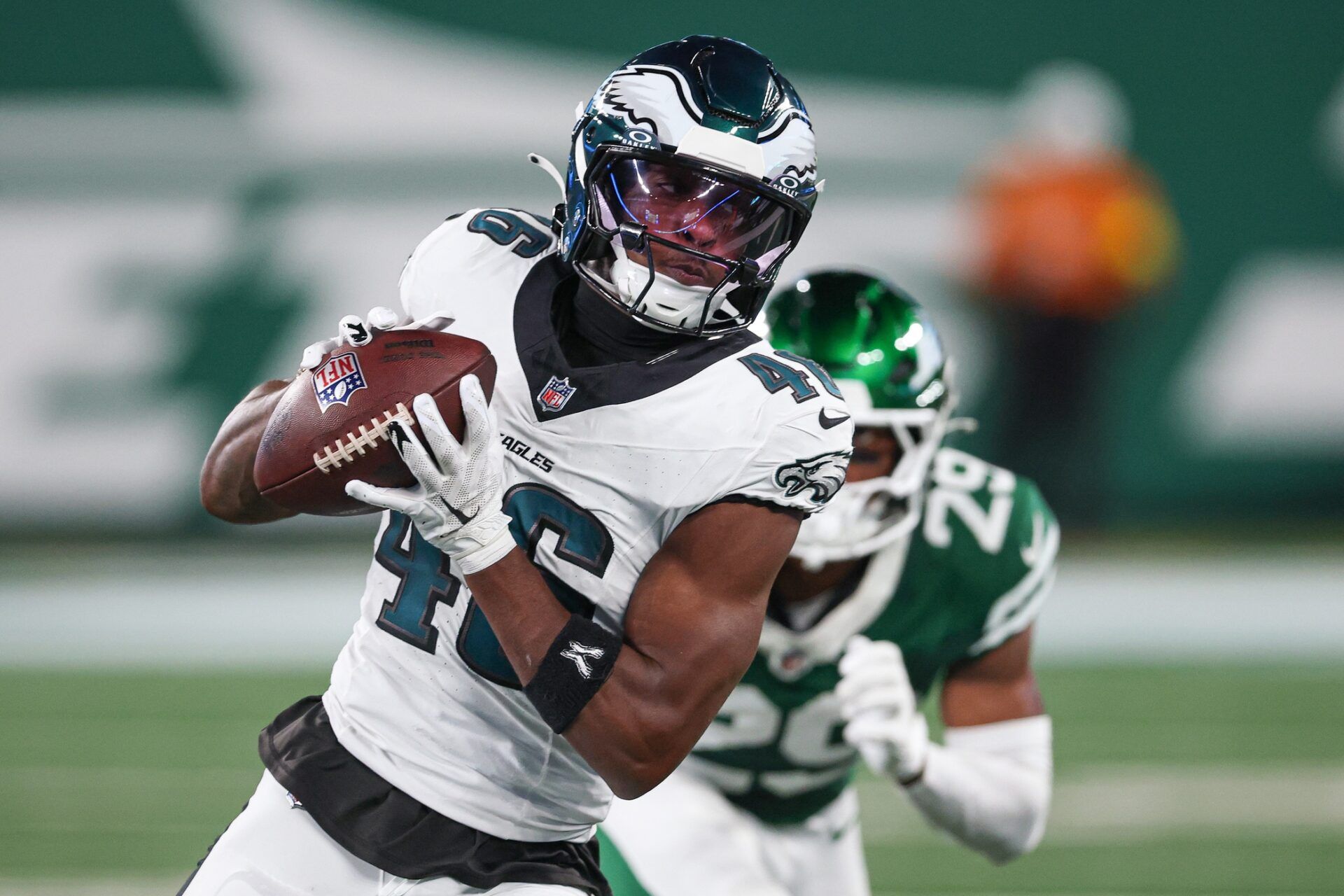 Philadelphia Eagles wide receiver Terrace Marshall Jr. (46) gains yards after catch  during the first half against the New York Jets at MetLife Stadium.