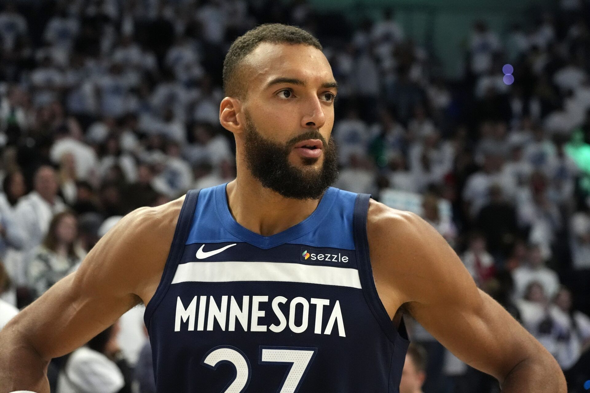 Minnesota Timberwolves center Rudy Gobert (27) reacts after the game against the Oklahoma City Thunder in game three of the western conference finals for the 2025 NBA Playoffs at Target Center.