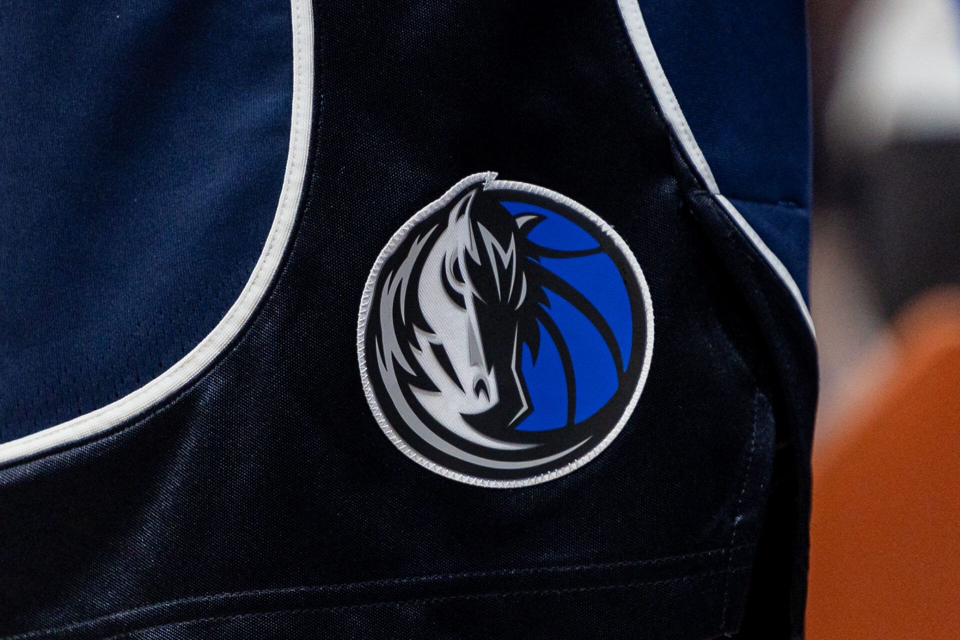 Detailed view of the Dallas Mavericks logo during the game against the New Orleans Pelicans during the second half at Smoothie King Center.