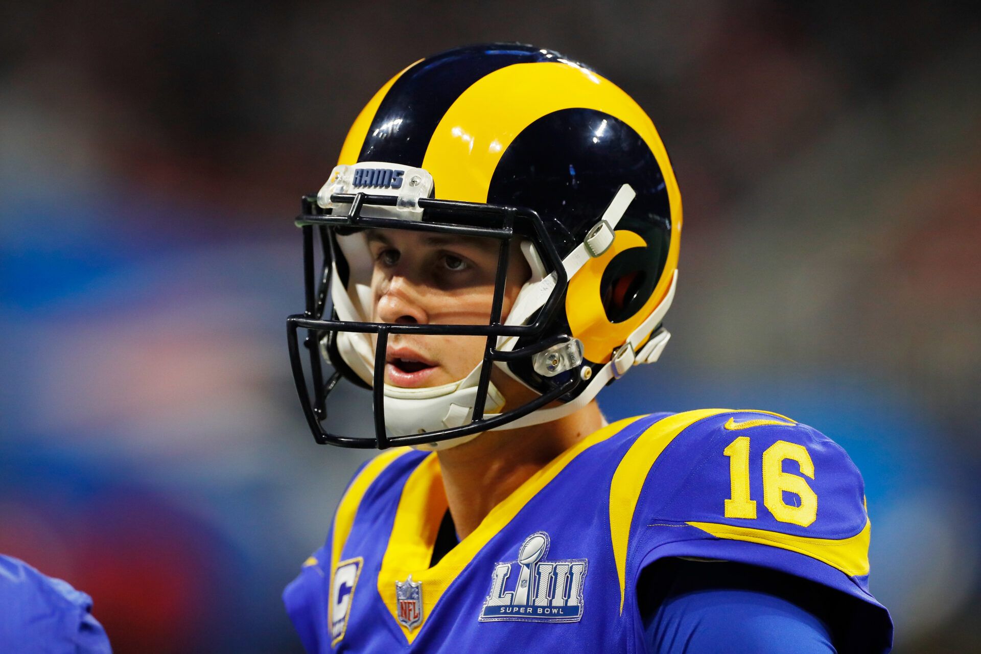 ATLANTA, GA - FEBRUARY 03: Jared Goff #16 of the Los Angeles Rams looks on in the first half during Super Bowl LIII against the New England Patriots at Mercedes-Benz Stadium on February 3, 2019 in Atlanta, Georgia.  (Photo by Kevin C. Cox/Getty Images)