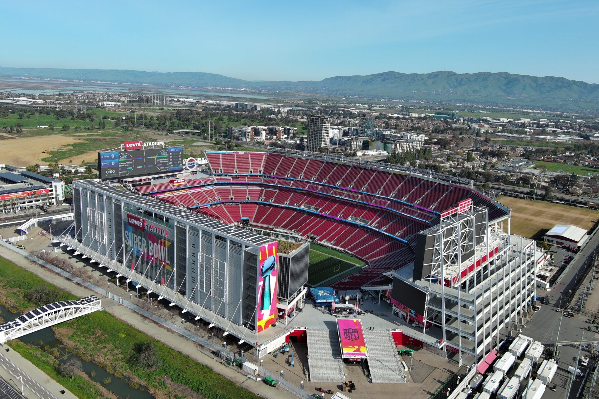 A general overall aerial view of Levi's Stadium, the site of Super Bowl 60 between the New England Patriots and the Seattle Seahawks.