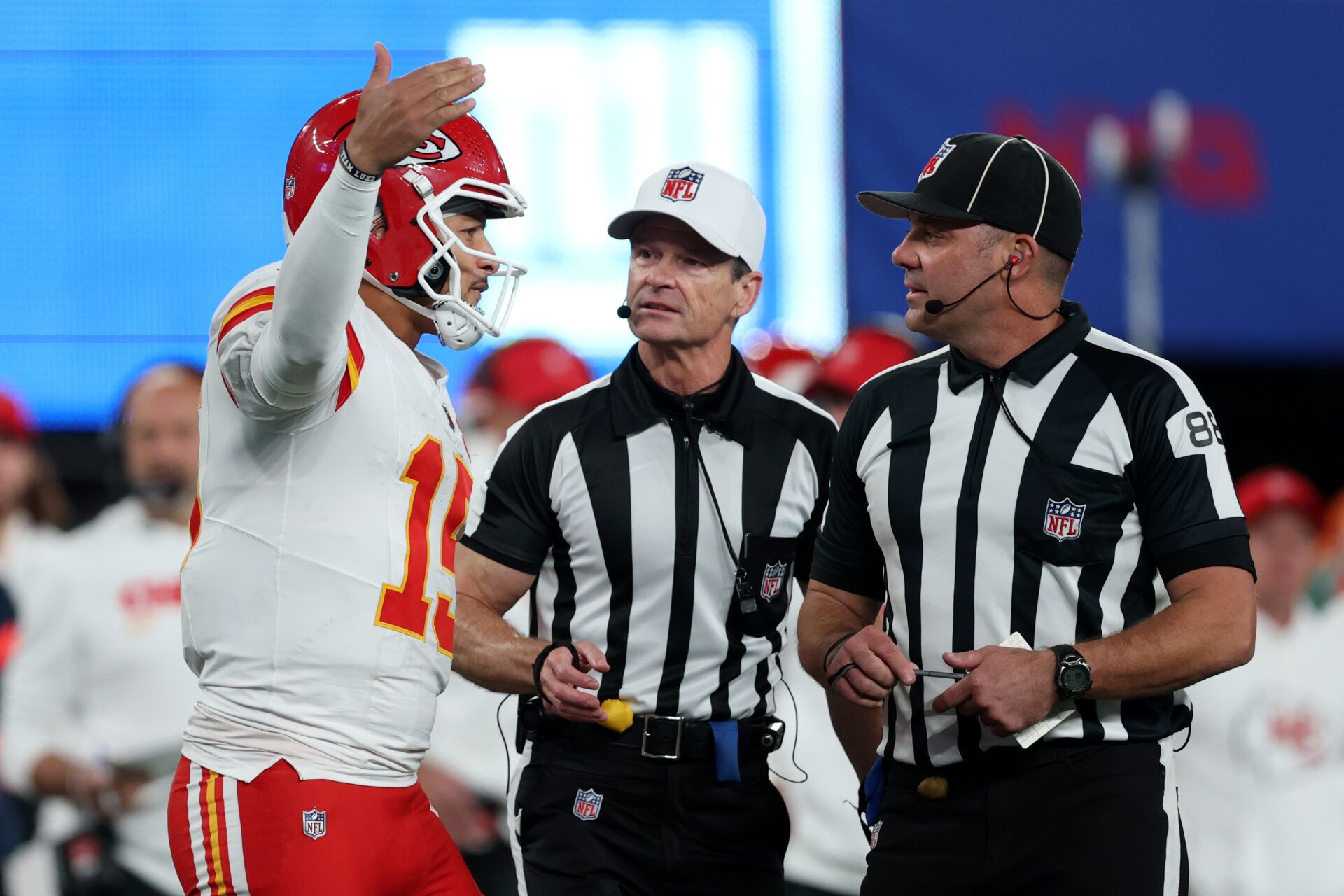 Kansas City Chiefs quarterback Patrick Mahomes (15) talks to officials in the second quarter against the New York Giants at MetLife Stadium.