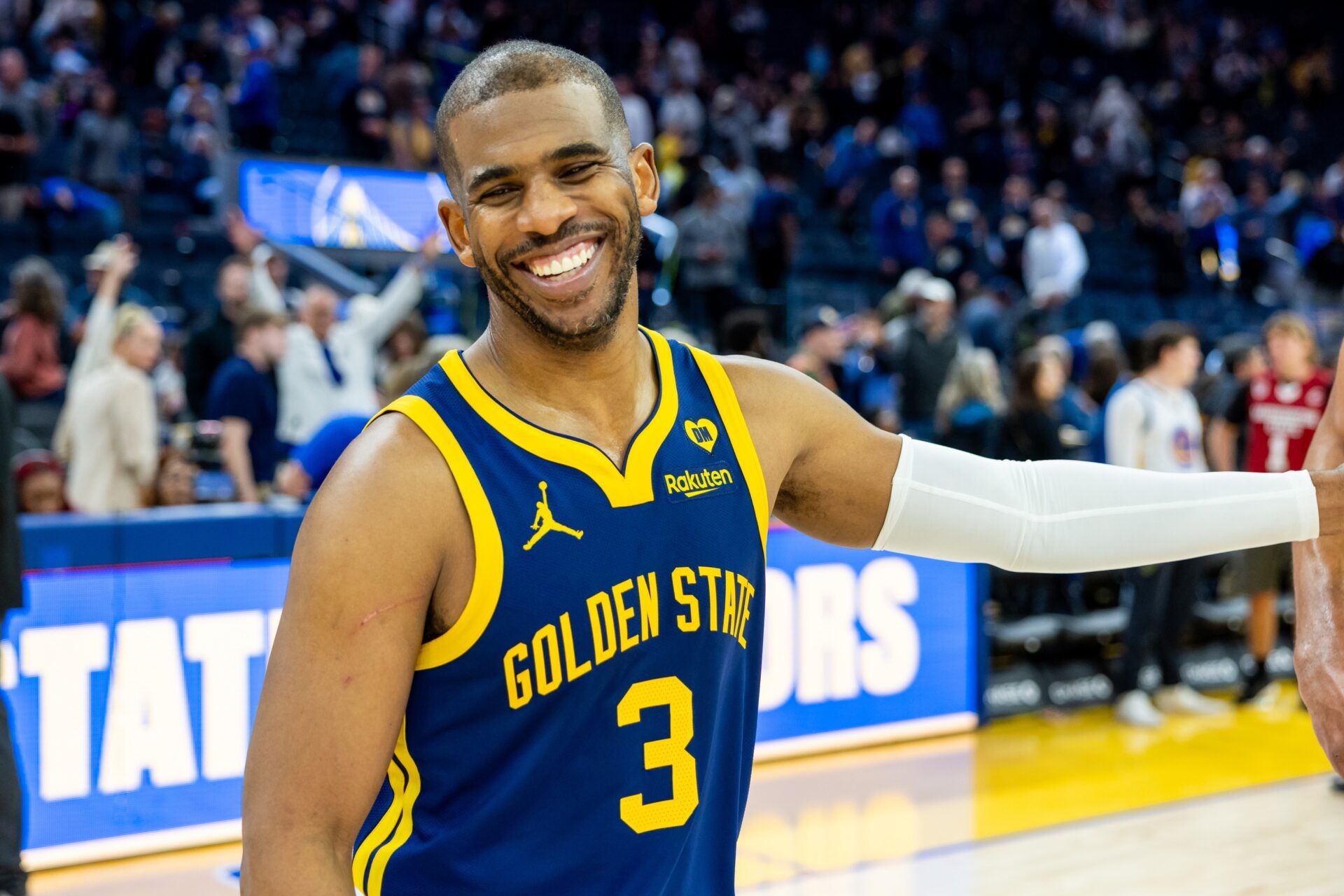 Golden State Warriors guard Chris Paul (3) celebrates after beating the Utah Jazz at Chase Center.