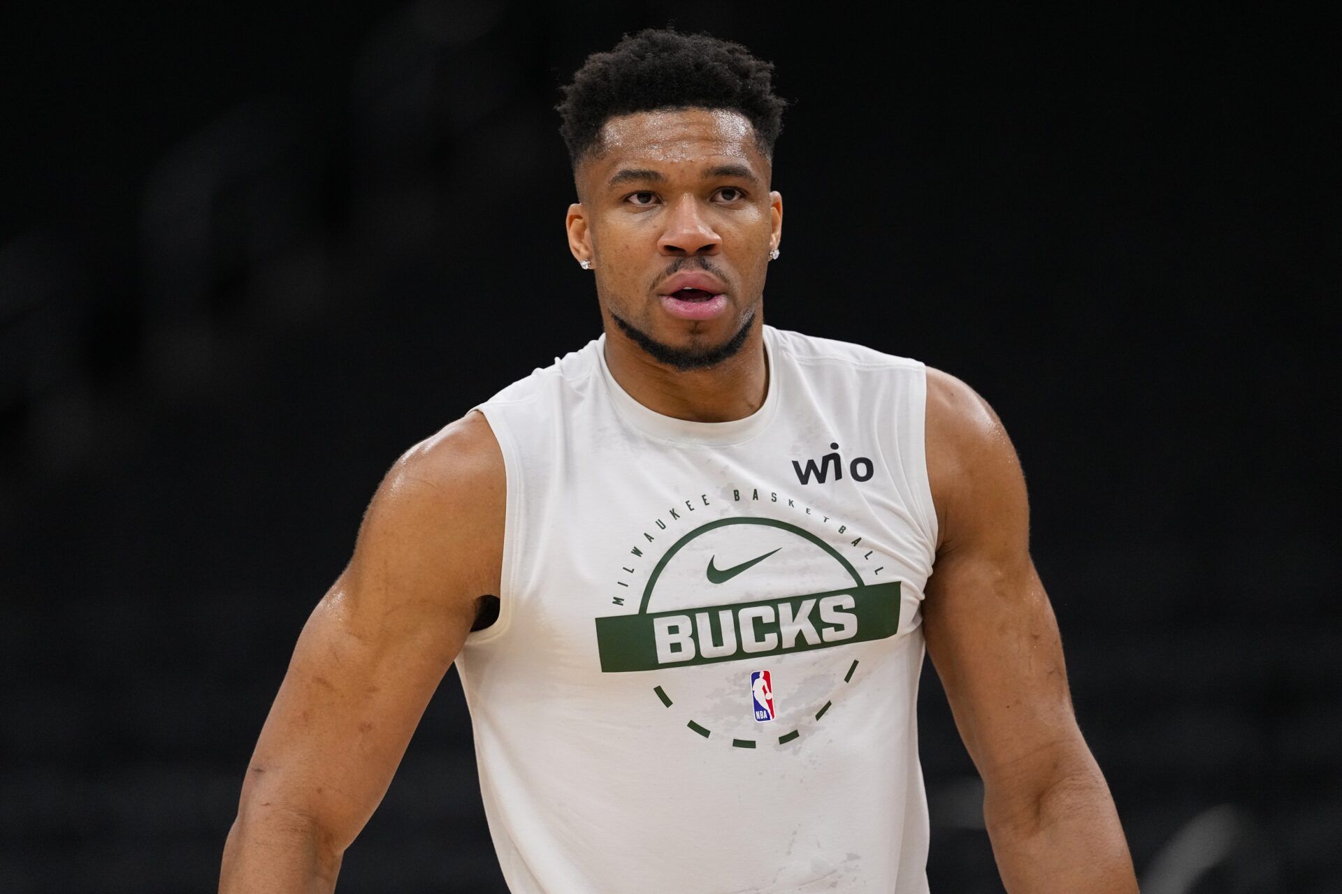 Milwaukee Bucks forward Giannis Antetokounmpo (34) during warmups prior to the game against the New Orleans Pelicans at Fiserv Forum.
