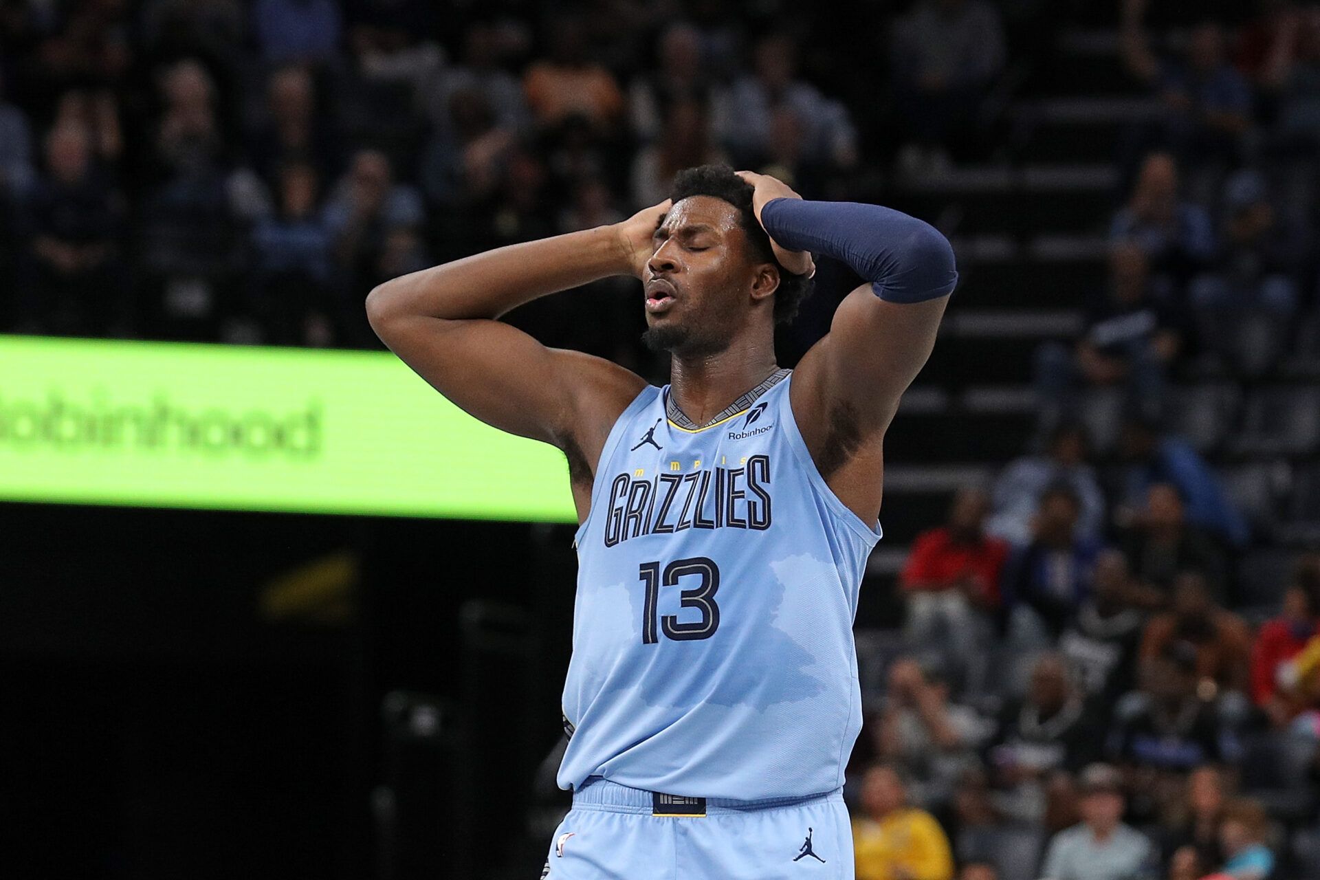 MEMPHIS, TENNESSEE - NOVEMBER 19: Jaren Jackson Jr. #13 of the Memphis Grizzlies reacts against the Denver Nuggets during the second half of an Emirates NBA Cup game at FedExForum on November 19, 2024 in Memphis, Tennessee. NOTE TO USER: User expressly acknowledges and agrees that, by downloading and or using this photograph, User is consenting to the terms and conditions of the Getty Images License Agreement. (Photo by Justin Ford/Getty Images)
