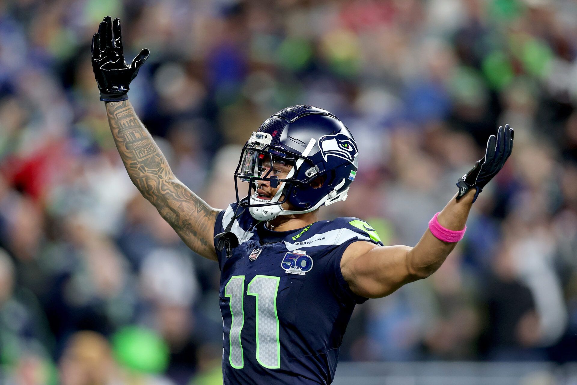 SEATTLE, WASHINGTON - OCTOBER 20: Jaxon Smith-Njigba #11 of the Seattle Seahawks reacts against the Houston Texans at Lumen Field on October 20, 2025 in Seattle, Washington. (Photo by Steph Chambers/Getty Images)