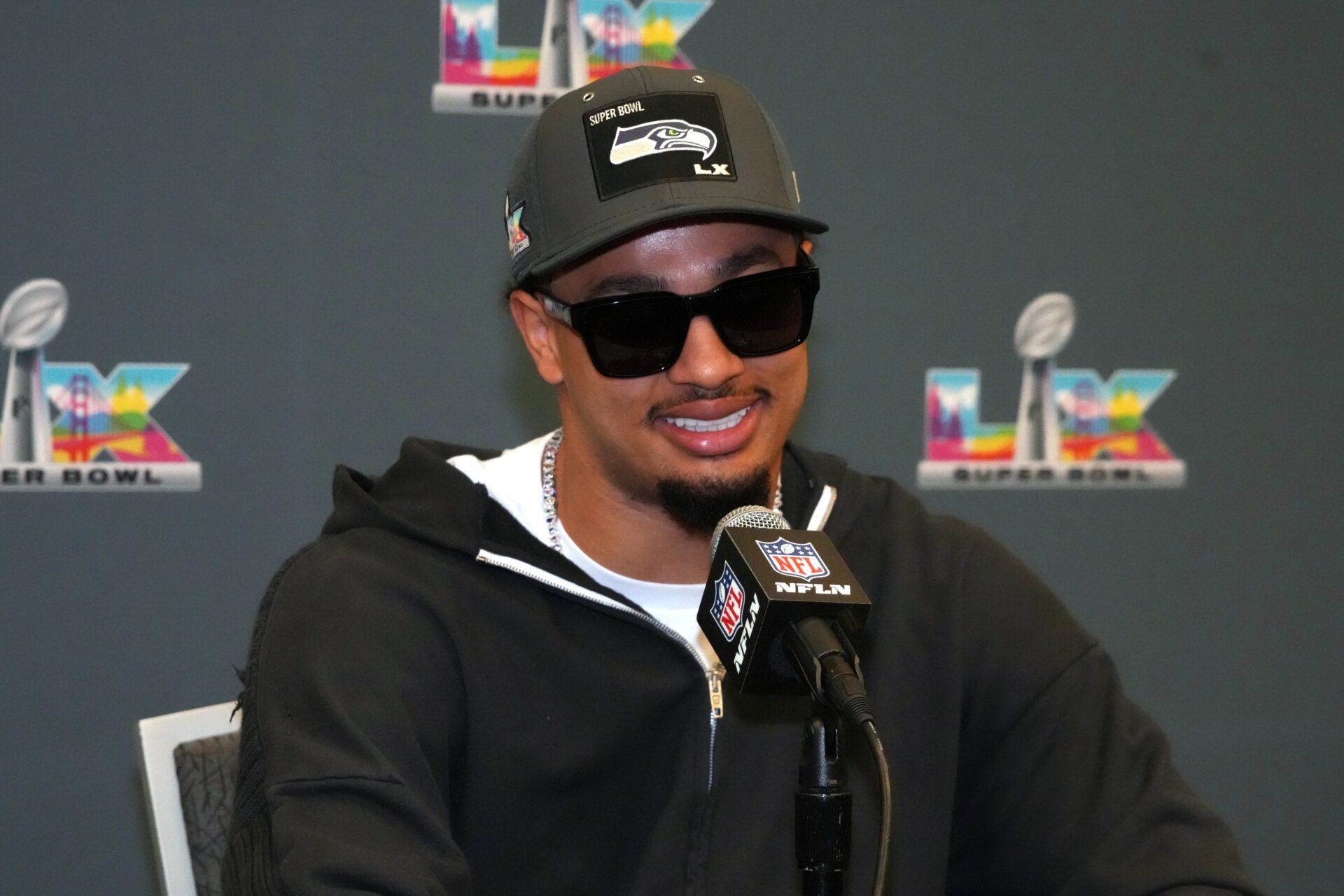 Seattle Seahawks wide receiver Jaxon Smith-Njigba (11) speaks to the media at Super Bowl LX press conference at the San Jose Convention Center.