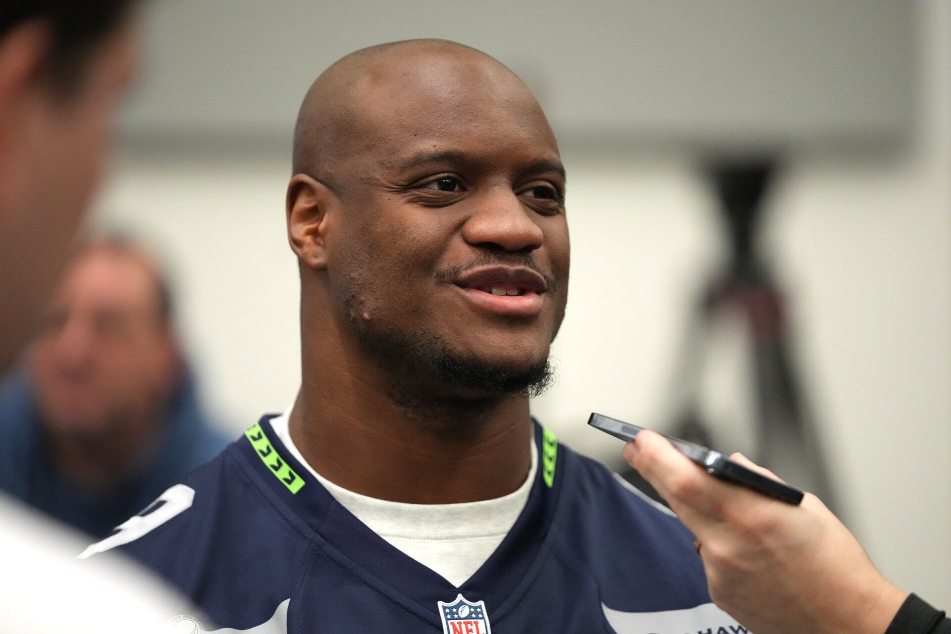 Seattle Seahawks running back Kenneth Walker III (9) speaks to the media at the San Jose Convention Center.