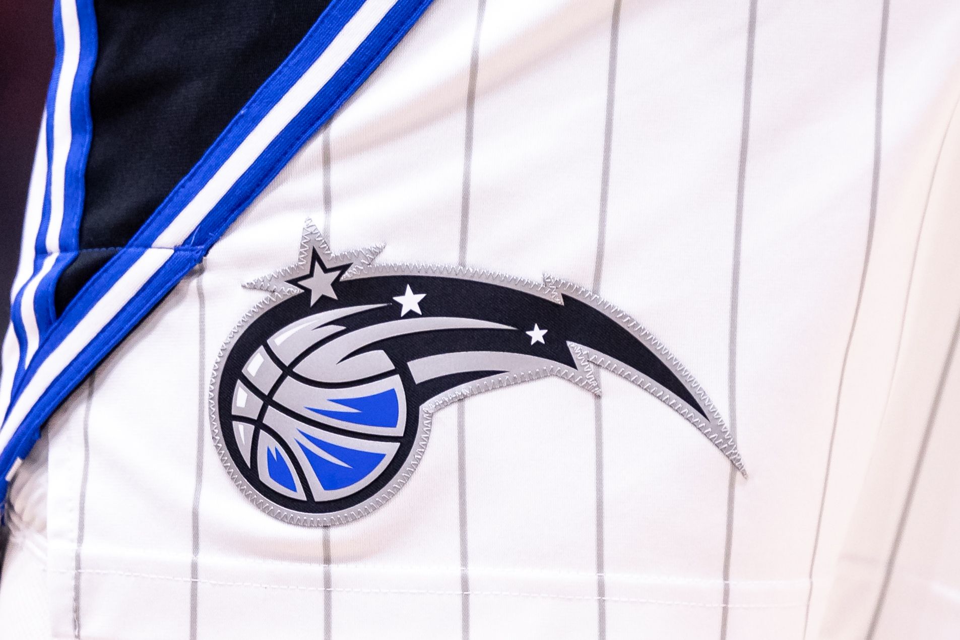 Detailed view of the Orlando Magic logo against the New Orleans Pelicans during the second half at Smoothie King Center.