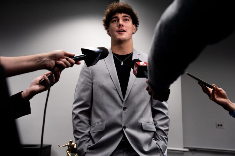 Division II- Class A, Tennessee Titans Mr. Football 2025 Jared Curtis, Nashville Christian School, speaks with members of the media during the Titans Mr. Football Awards at Nissan Stadium in Nashville, on Tuesday Dec, 9, 2025.