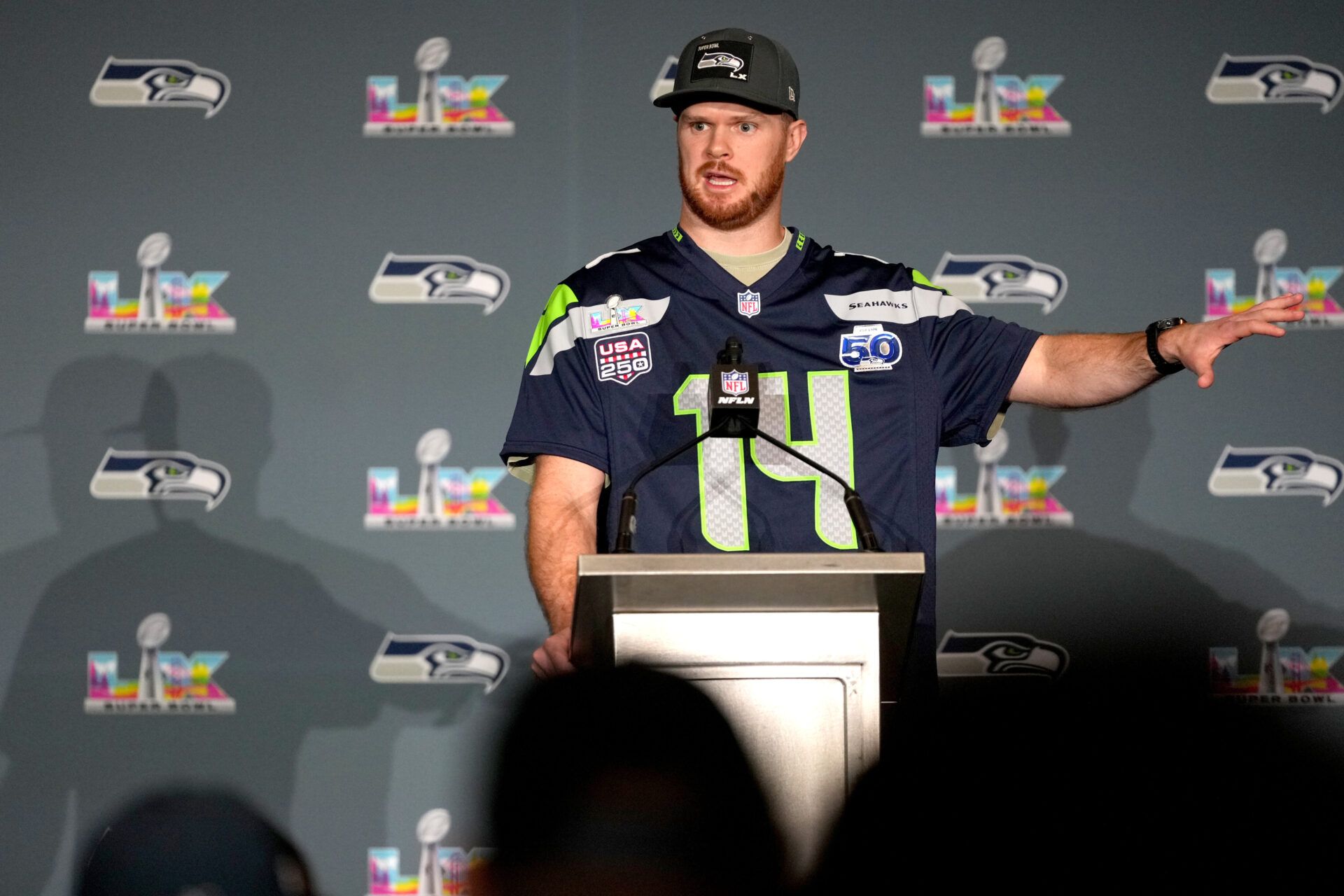 Seattle Seahawks quarterback Sam Darnold (14) speaks to the media at the San Jose Convention Center.