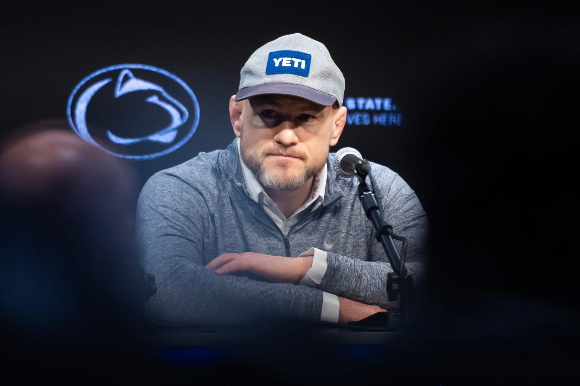 Penn State head coach Cael Sanderson answers questions during a post-match press conference following the Nittany Lions' 26-12 win over Nebraska on January 30, 2026, in State College.