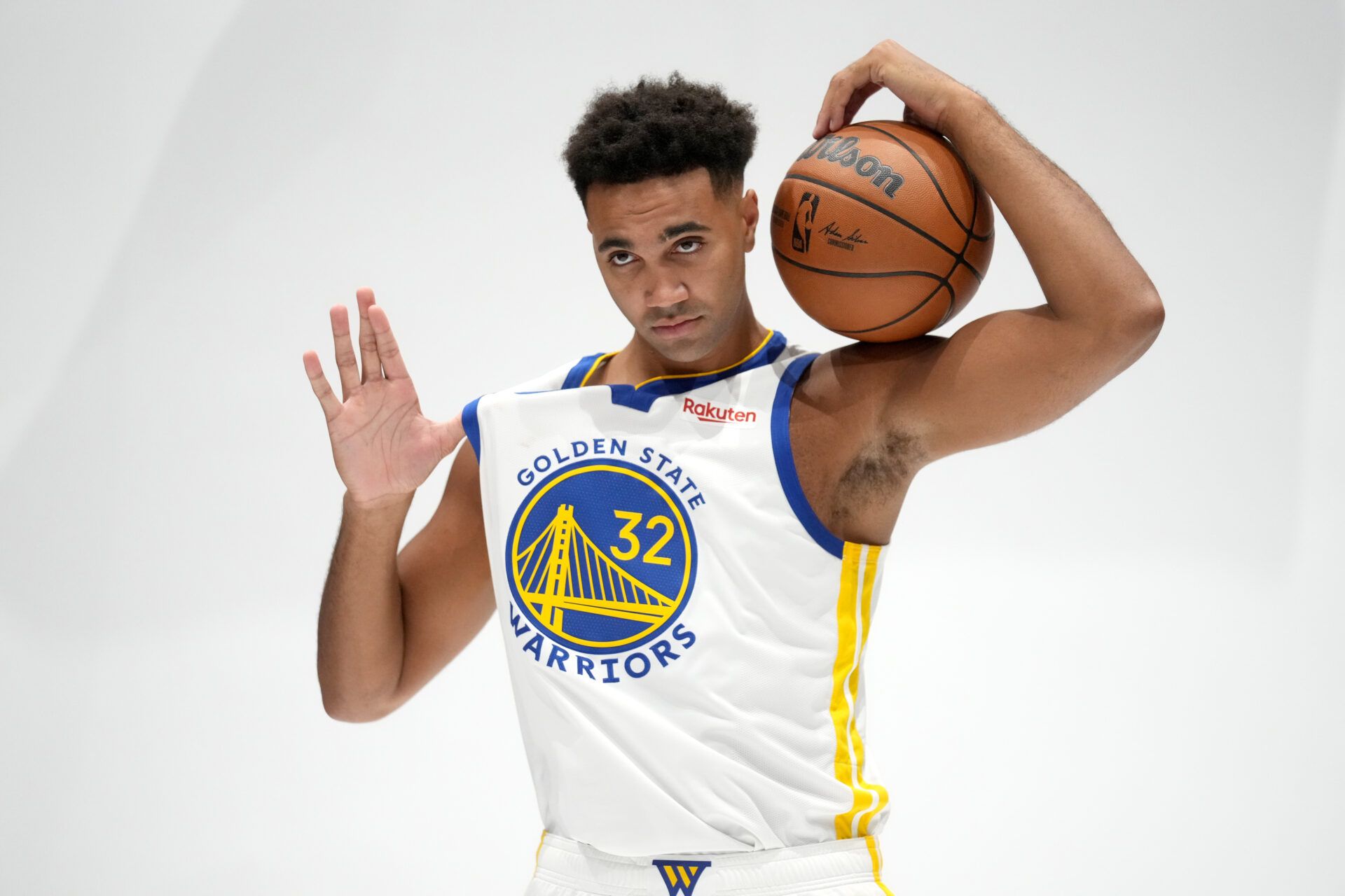 Golden State Warriors forward Trayce Jackson-Davis (32) poses for a photo during Media Day at the Chase Center.