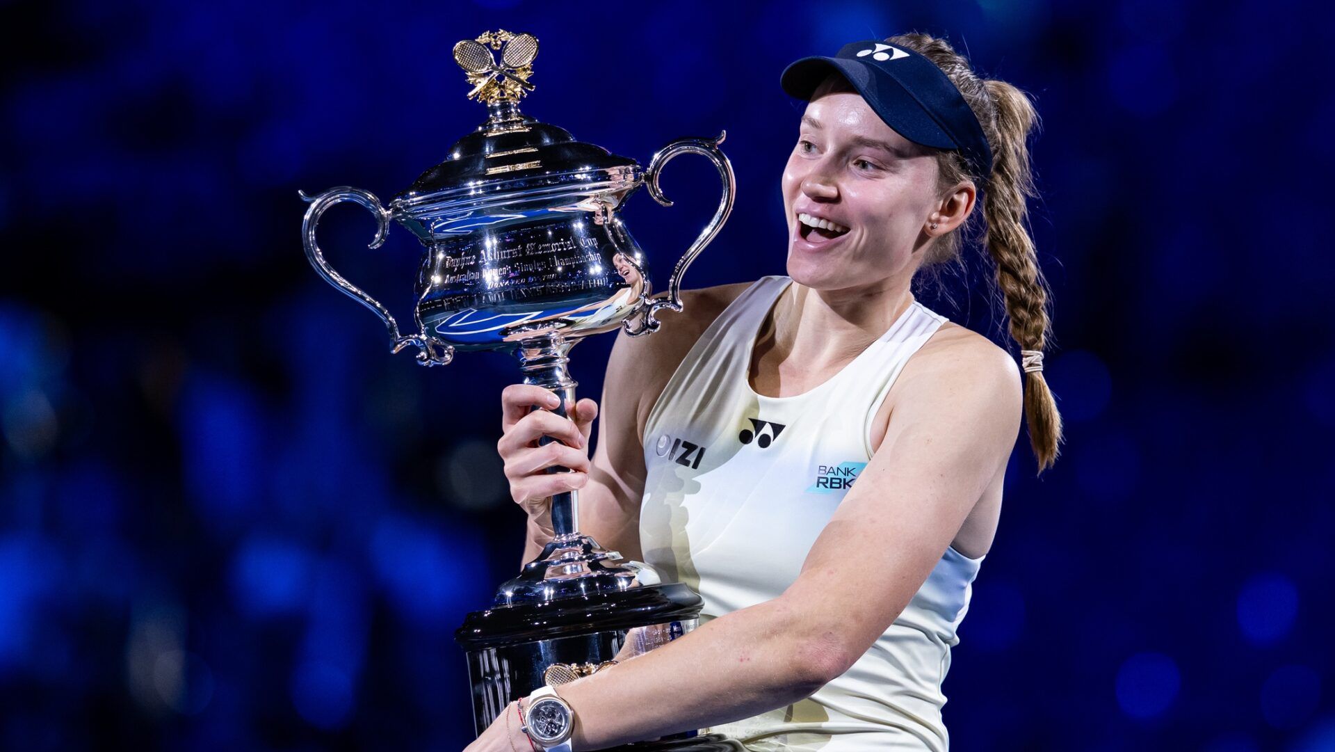 Elena Rybakina of Kazakhstan with the Daphne Akhurst Memorial Cup after her victory over Aryna Sabalenka in the final of the womens singles at the Australian Open at Rod Laver Arena in Melbourne Park.