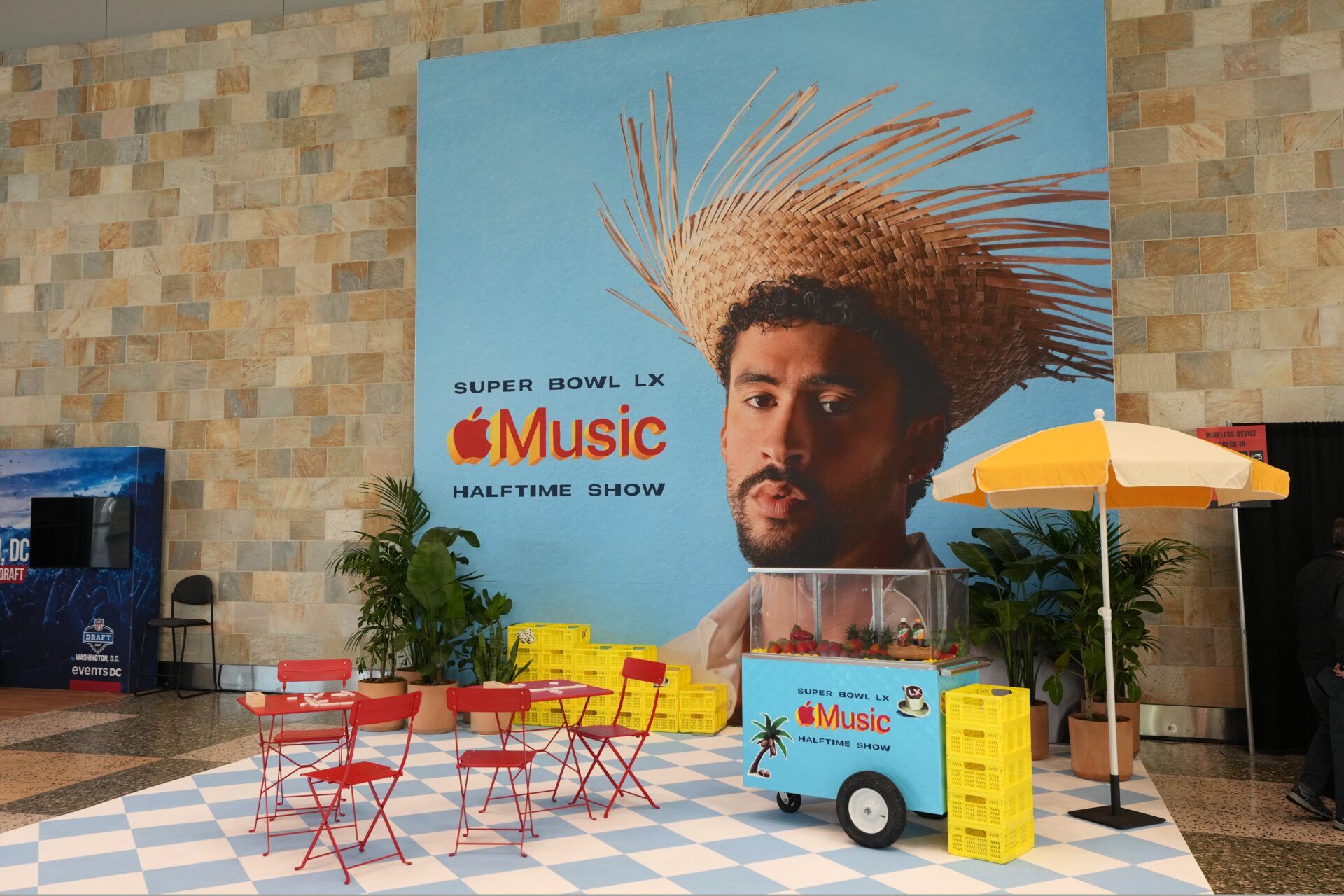 A Bad Bunny advertisement for the Apple music Super Bowl LX halftime show at the Moscone Center.