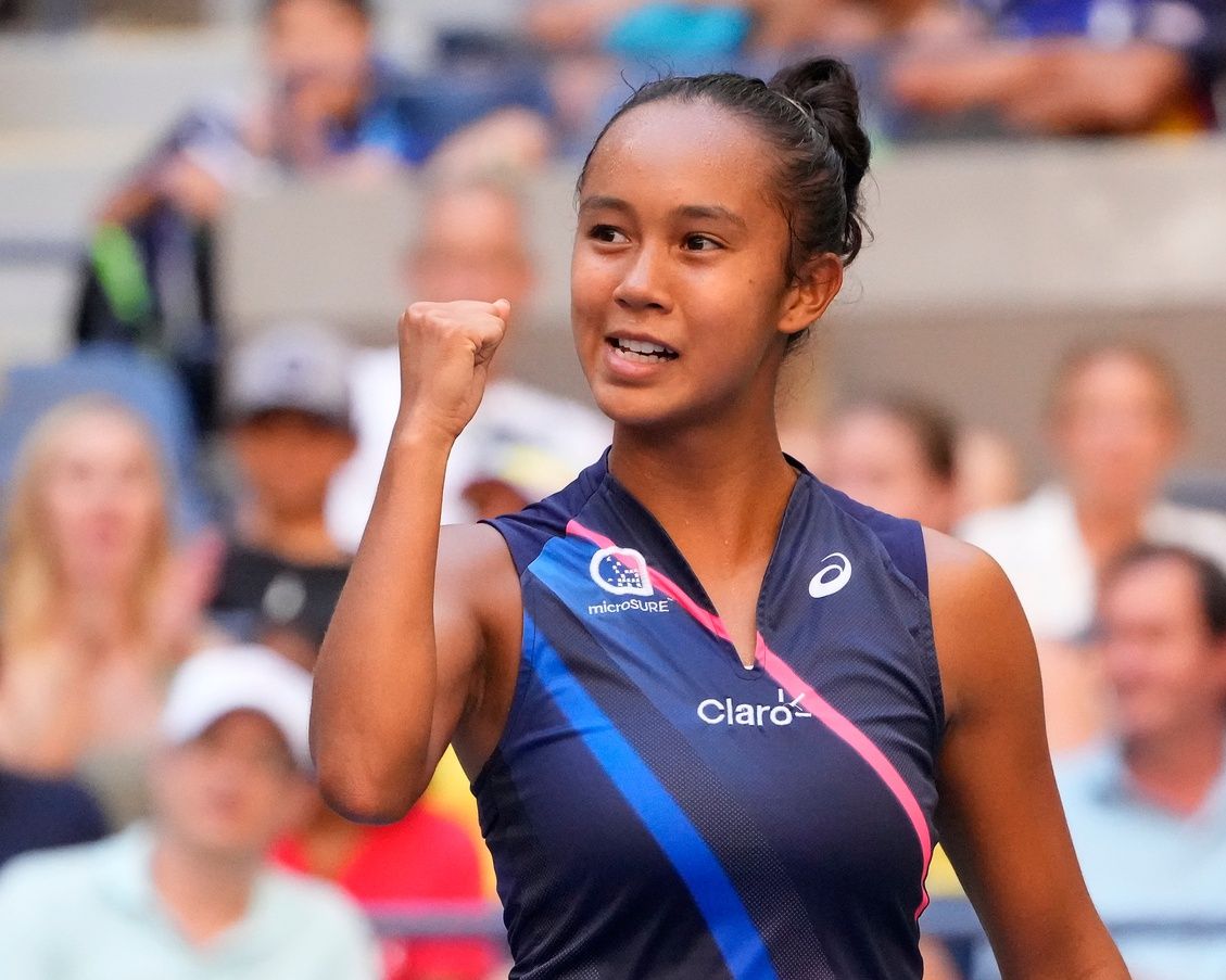 Leylah Fernandez of Canada celebrates a winner against  Elina Svitolina of Ukraine on day nine of the 2021 U.S. Open tennis tournament at USTA Billie Jean King National Tennis Center.