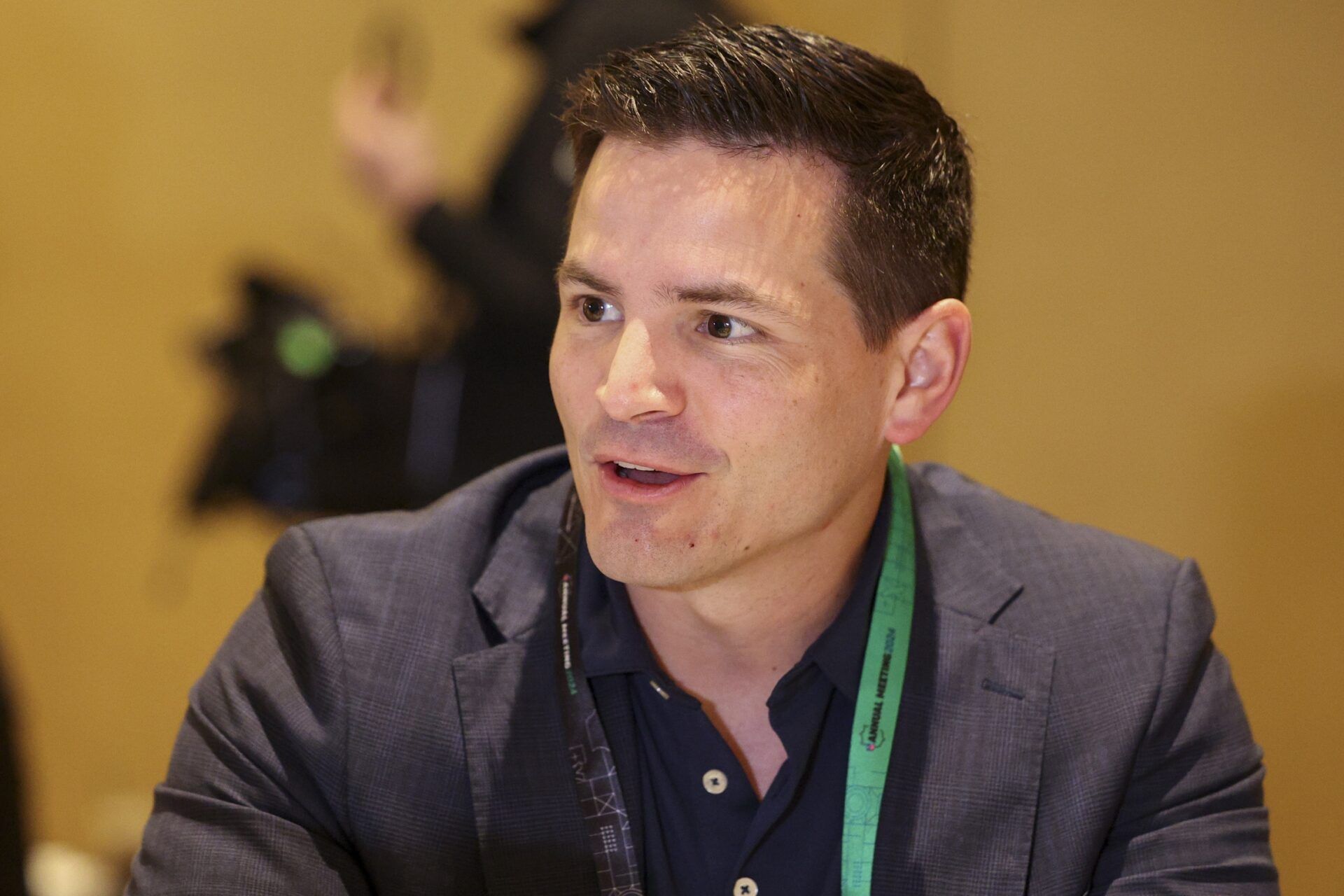 Seattle Seahawks head coach Mike Macdonald speaks to the media during the NFL annual league meetings at the JW Marriott.