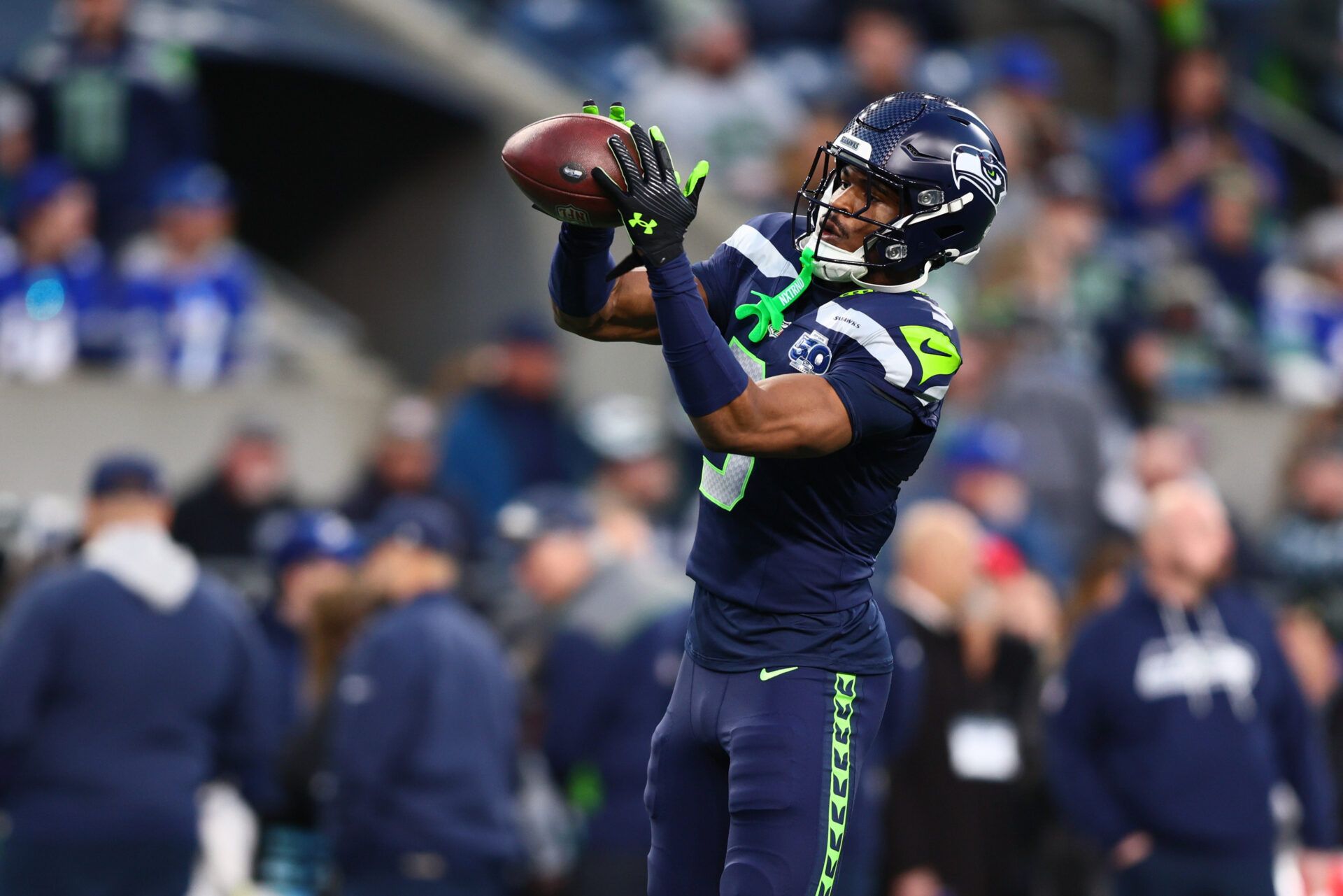 Seattle Seahawks safety Nick Emmanwori (3) warms up prior to a game against the San Francisco 49ers in an NFC Divisional Round game at Lumen Field.