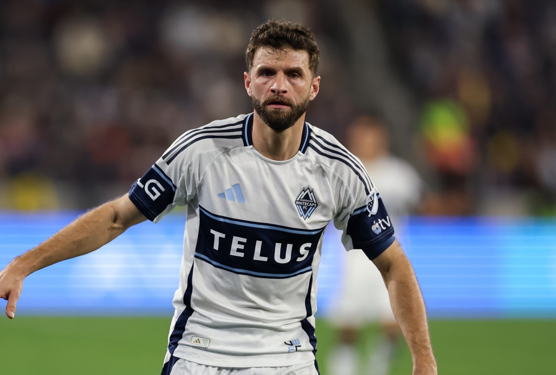 Vancouver Whitecaps forward Thomas Muller (13) motions during the first half against San Diego FC at Snapdragon Stadium.