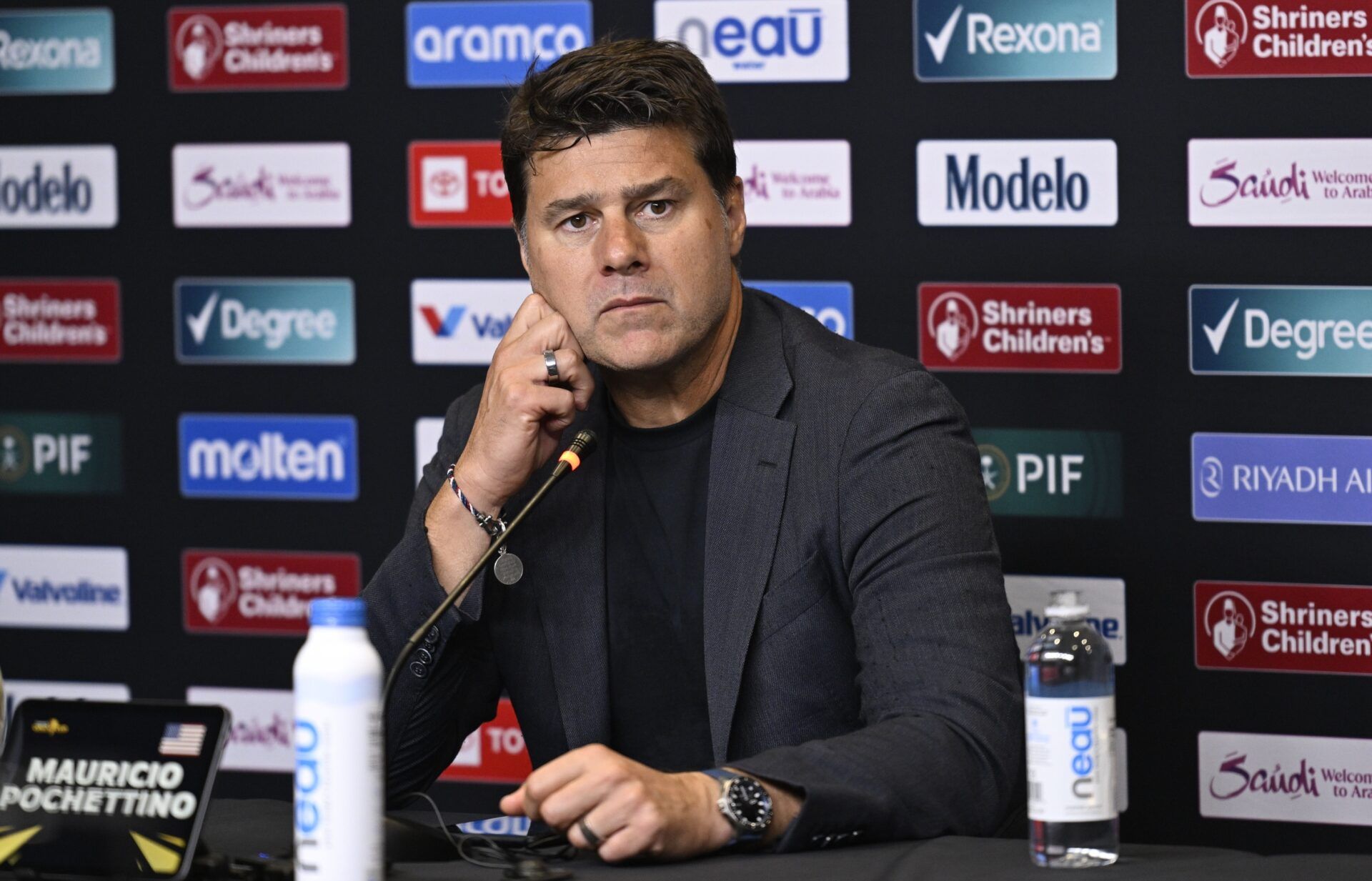 United States of America head coach Mauricio Pochettino speaks during a press conference following a match against Guatemala in a semifinal match of the 2025 Gold Cup at Energizer Park.