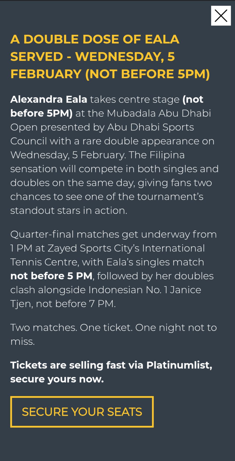 Pop up message on the official website of Abu Dhabi Open