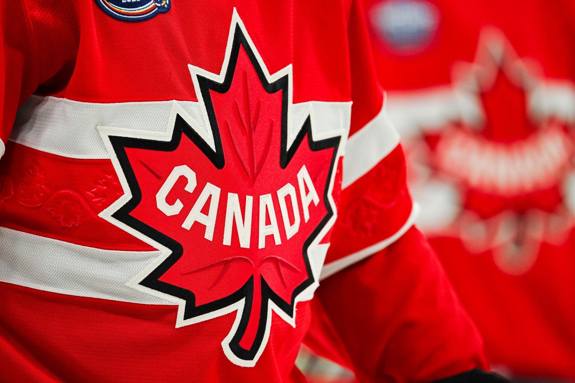 [Imagn Images direct customers only] View of a Team Canada logo on a jersey worn by a member of the team during a 4 Nations Face-Off ice hockey game at Bell Centre.