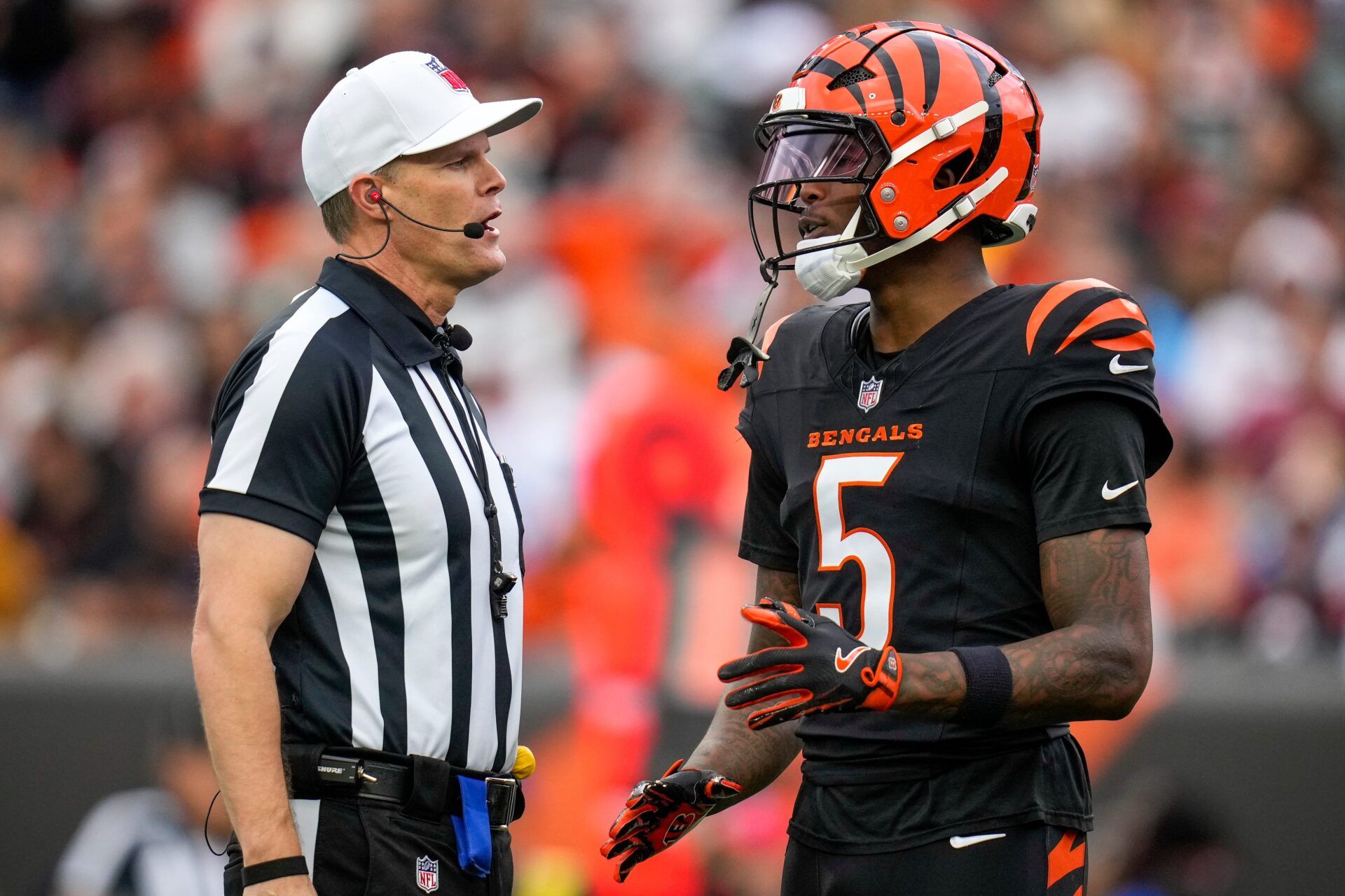 Cincinnati Bengals wide receiver Tee Higgins (5) talks with an official in the first quarter against the Arizona Cardinals at Paycor Stadium.